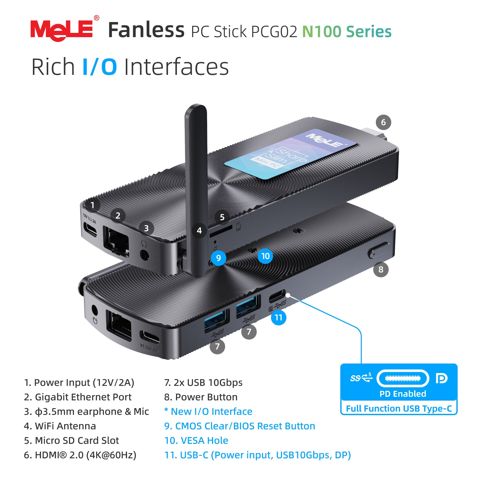 MeLE Fanless Mini PC Stick PCG02, N100 8GB RAM 128GB Storage Micro Desktop Computer, Full Functional USB-C, Gigabit Ethernet BT5.1 on Business Office Industrial IoT Home