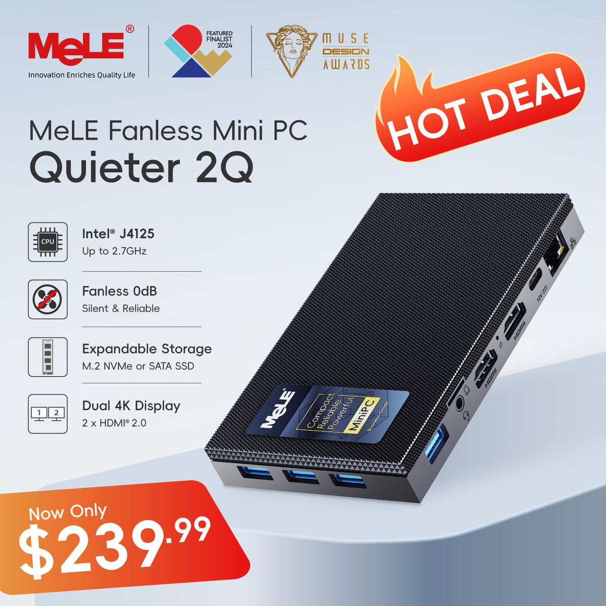 MeLE Quieter 2Q Fanless Mini PC, Intel Celeron J4125, 8GB LPDDR4 RAM, Wi-Fi 5, 4× USB 3.2, M.2 SSD Expansion, SD Card Slot, VESA Mount, for Office, Digital Signage & Home Entertainment