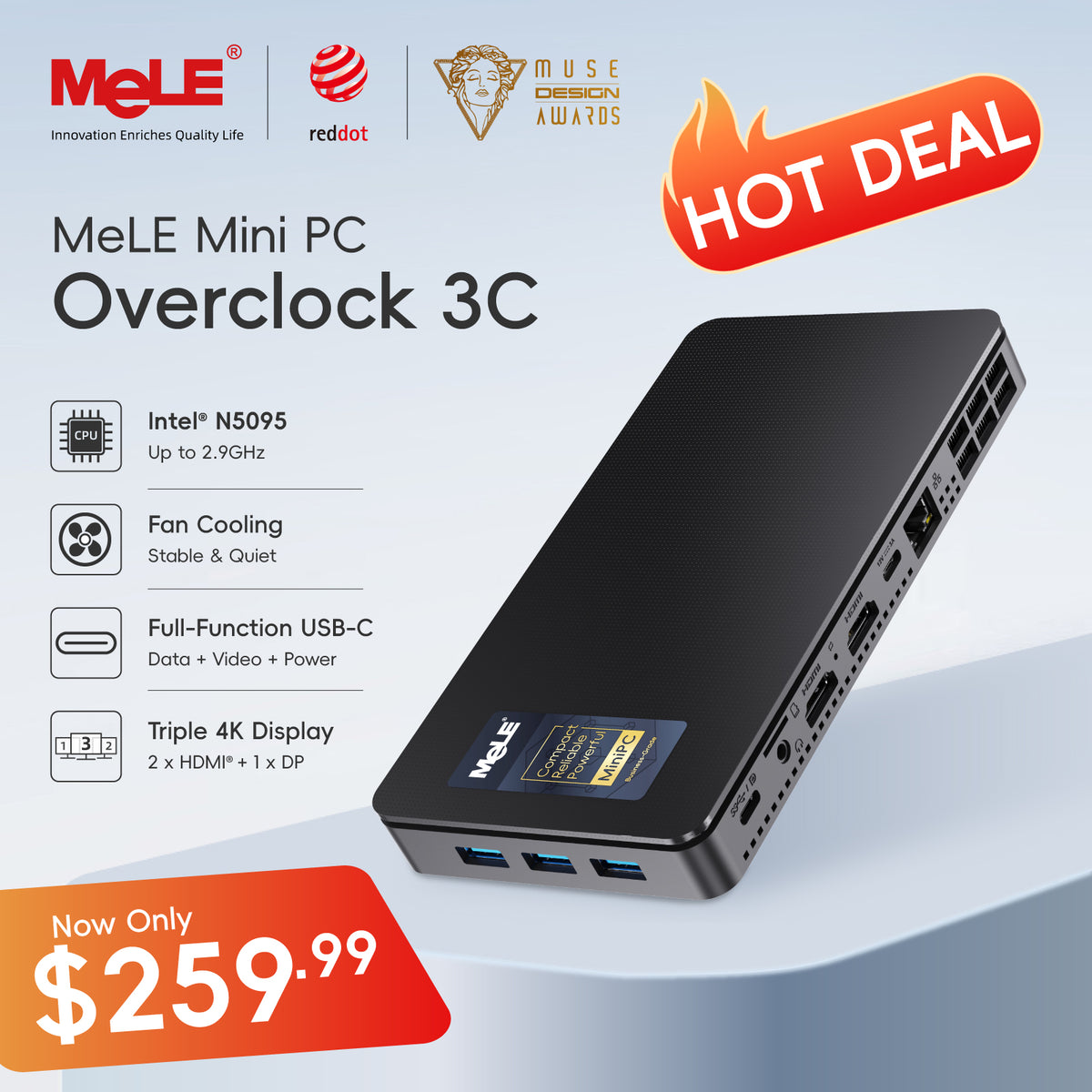 MeLE Overclock 3C Slim Mini PC N5095 (up to 2.9GHz) 8GB DDR4 RAM 128GB Storage Micro Desktop Computer Dual HDMI + USB-C 4K Triple Display 2.4G/5GHz WiFi BT5.2 GbE, on IoT, Home Theater, Conference