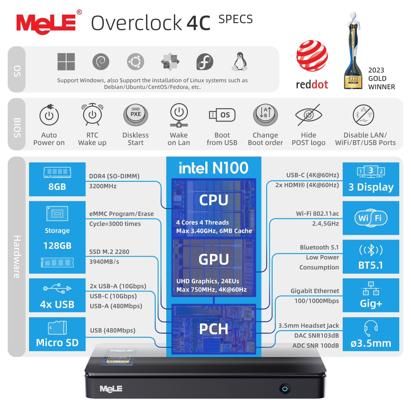MeLE Mini PC Overclock 4C, N100 8GB DDR4 RAM 128GB Storage Windows 11 Pro, 4K Triple Display/USB-C/HDMI/USB3.2/WiFi/BT/Ethernet Micro Desktop Computer on Business Home Office Linux Portable PC