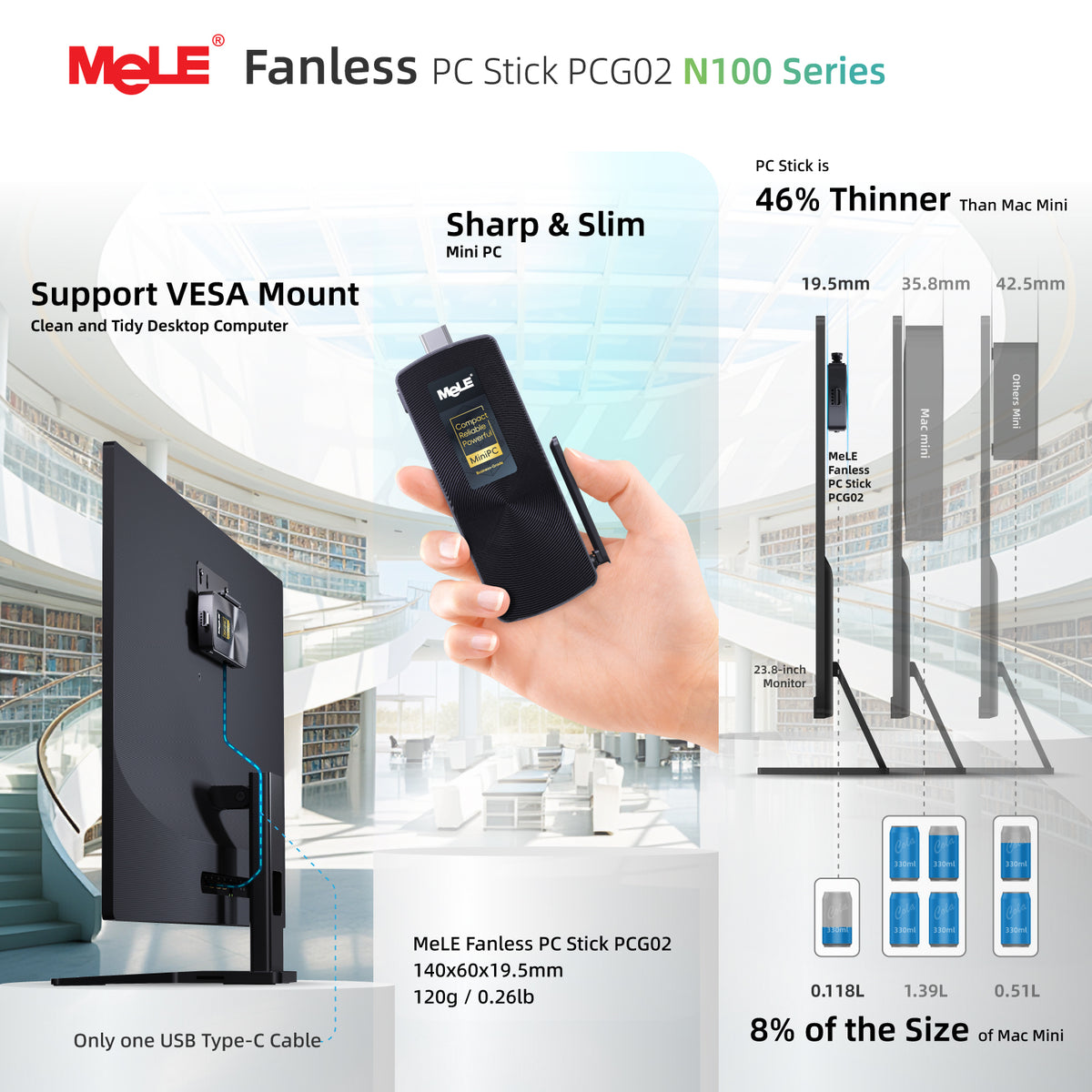 MeLE PCG02 Business Grade Fanless Mini PC Stick, 8GB RAM 128GB Storage – Dual 4K Display, Full-Function USB-C, PD 3.0, 0dB Silent & Remote Management for 7×24 Commercial Use