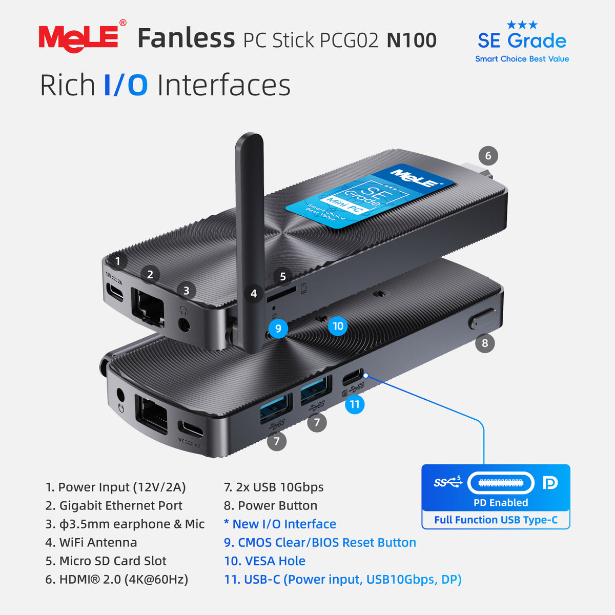 MeLE PCG02 SE Grade Fanless Mini PC Stick, 8GB RAM 128GB Storage – Dual 4K Display, 0dB Silent, Direct-Plug HDMI Design for Home, Entertainment & Everyday Use