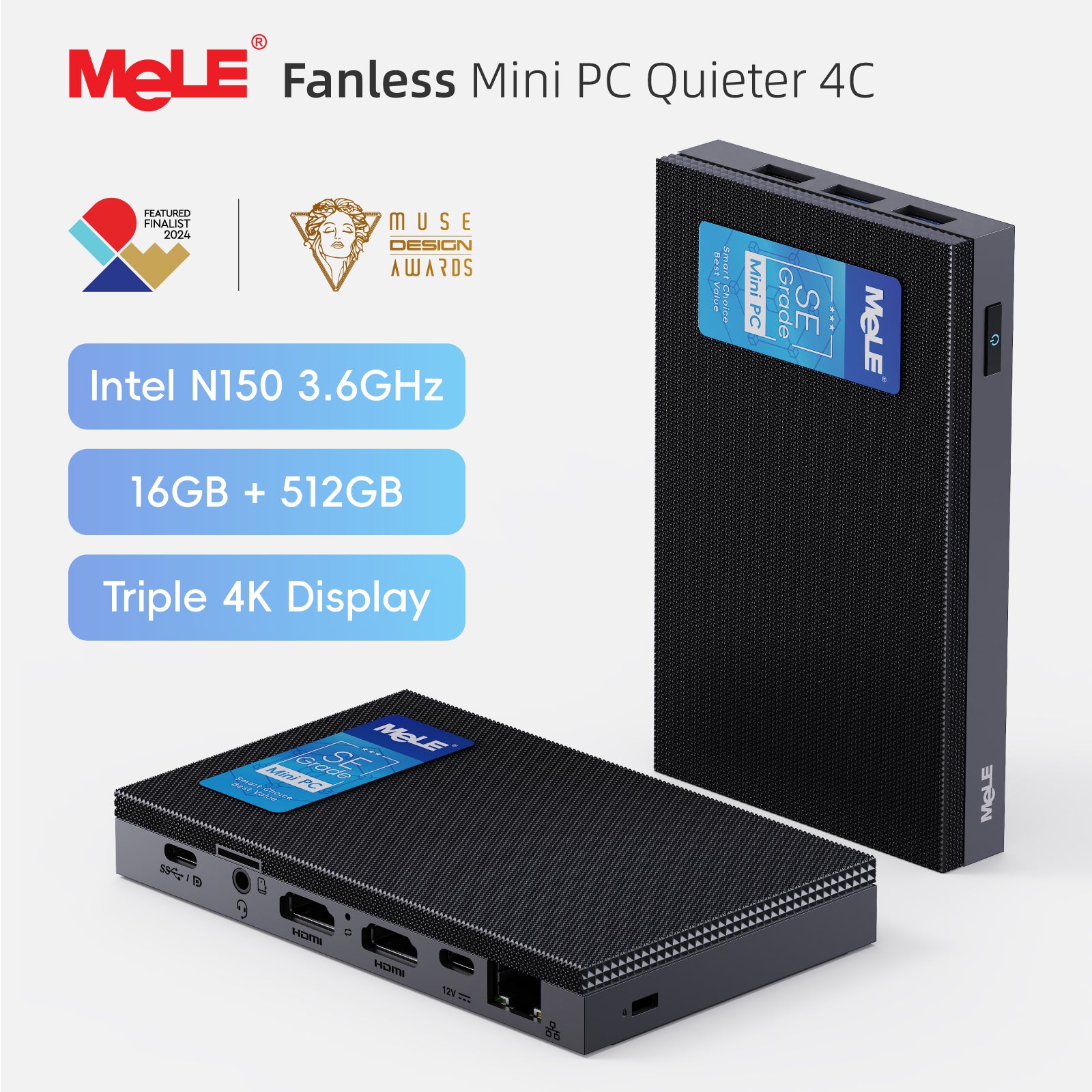 MeLE Fanless Mini PC Quieter 4C, N150/N100 8GB RAM 128GB Storage Mini Computers, Fanless PC with Full-Functional USB-C, 2.4G/5G WiFi, 4K Triple Display on Home, Office, Education, Industrial