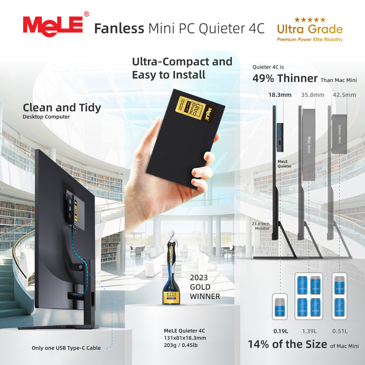 MeLE Quieter 4C Ultra Grade Fanless Mini PC N150 8GB RAM 128GB Storage– Triple 4K Display, 0dB Silent, Auto Power On, Wake-on-LAN, Ideal for Enterprise & Business Deployment