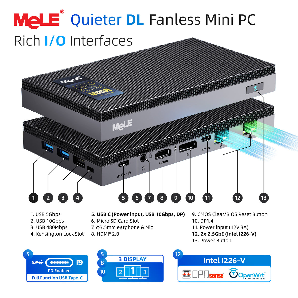 MeLE Quieter DL N150 Fanless Mini PC | Dual Intel® I226-V 2.5GbE LAN, Intel N150, Triple 4K Display, Firewall Router PC for Home Lab, NAS & IoT