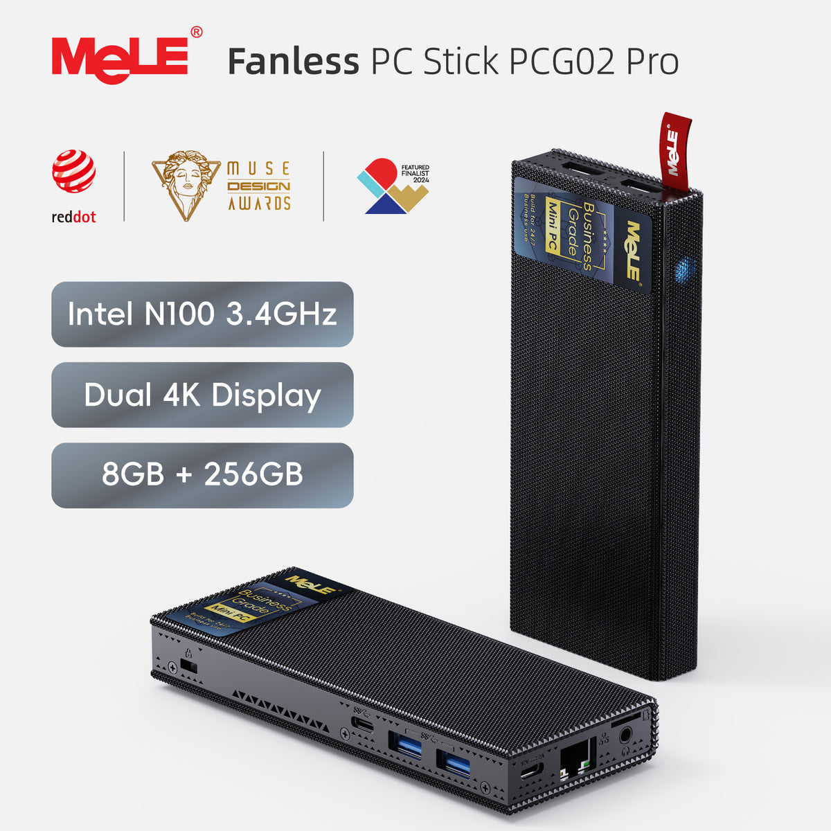 MeLE PCG02 Pro Business-Grade Fanless PC N100, 8GB RAM 128GB eMMC 5.1, Red Dot Gewinner Mini-Computer, Dual HDMI 4K, LPDDR4x 4266MHz, WiFi 5, Gigabit Ethernet, USB-C PD3.0 für Geschäftsanwendungen und 24/7 Nutzung