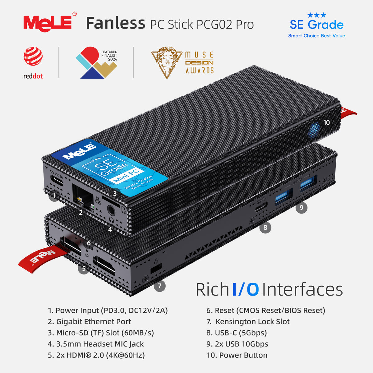 MeLE PCG02 Pro SEグレードファンレススティックPC N100、8GB RAM 128GB eMMC 5.1、レッドドット受賞ミニコンピュータ、デュアルHDMI 4K、LPDDR4x 4266MHz、WiFi 5、ギガビットイーサネット、USB-C PD3.0 ホーム&オフィス用