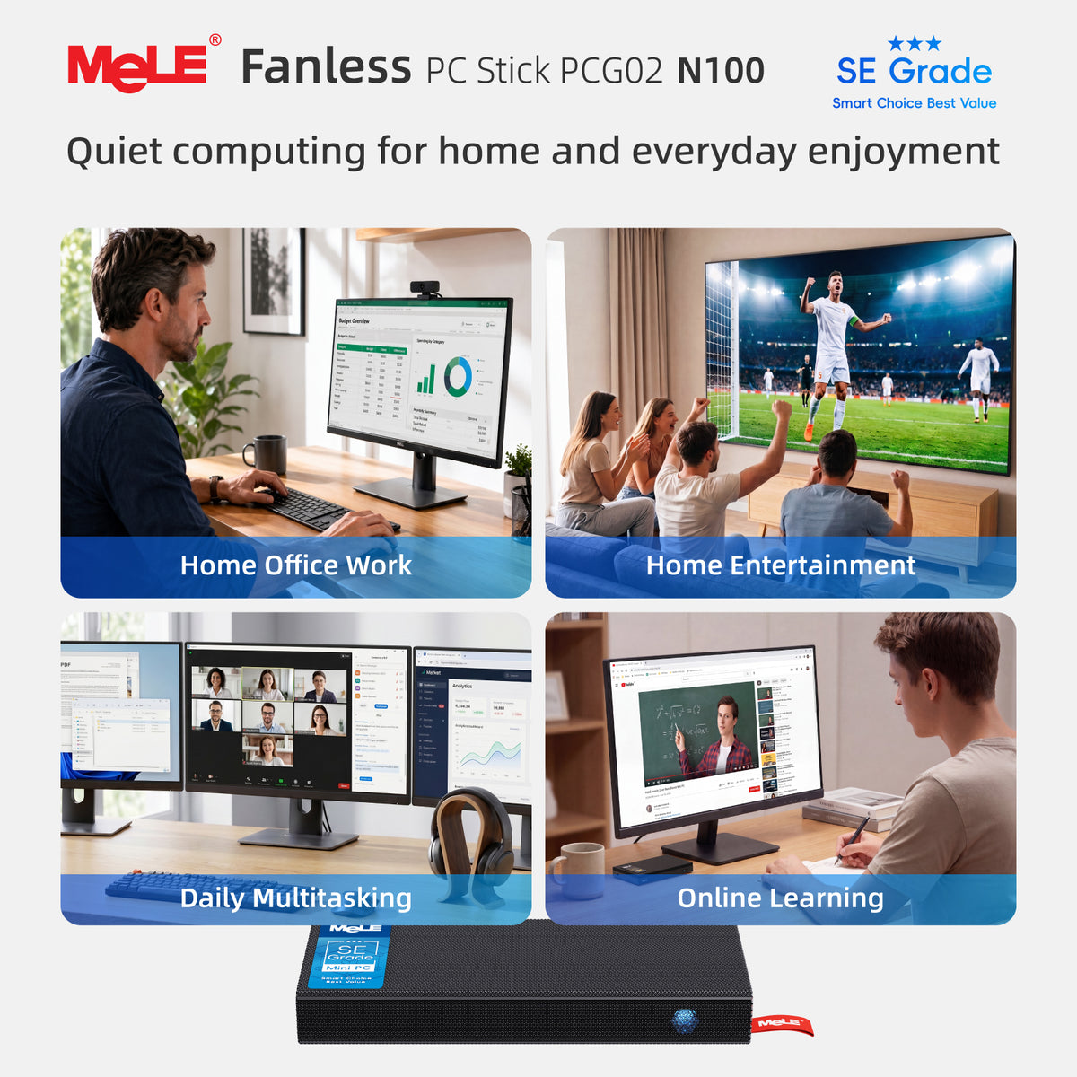 MeLE PCG02 Pro SEグレードファンレススティックPC N100、8GB RAM 128GB eMMC 5.1、レッドドット受賞ミニコンピュータ、デュアルHDMI 4K、LPDDR4x 4266MHz、WiFi 5、ギガビットイーサネット、USB-C PD3.0 ホーム&オフィス用
