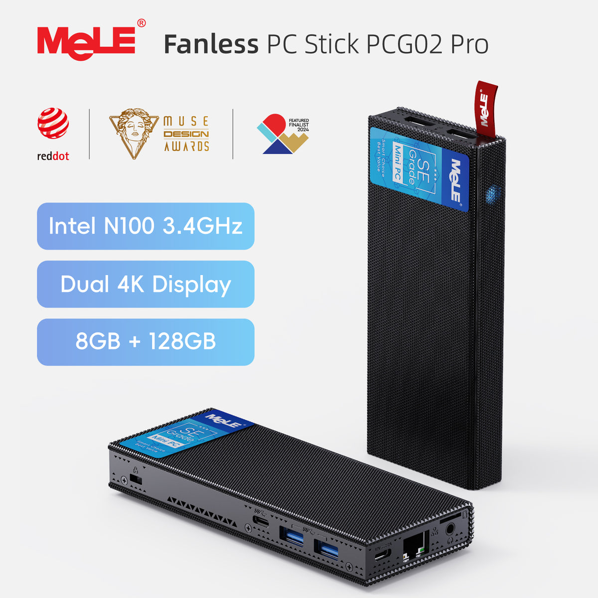 MeLE PCG02 Pro SEグレードファンレススティックPC N100、8GB RAM 128GB eMMC 5.1、レッドドット受賞ミニコンピュータ、デュアルHDMI 4K、LPDDR4x 4266MHz、WiFi 5、ギガビットイーサネット、USB-C PD3.0 ホーム&オフィス用