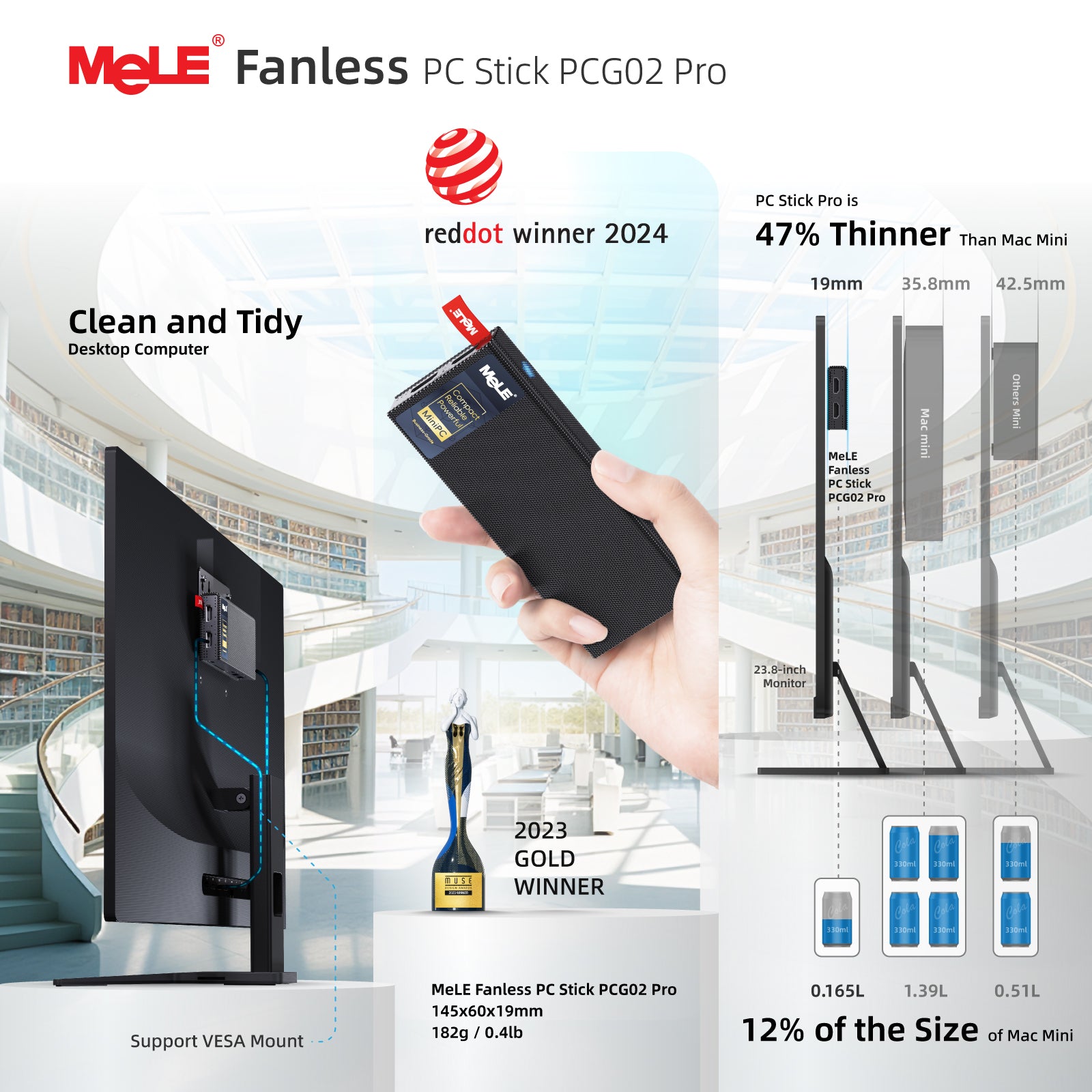 MeLE PCG02 Pro Fanless Stick PC N100/N5100 8GB RAM 256GB Storage, Reddot Winner Mini Computer Dual HDMI, 4266MHz LPDDR4, WiFi5 Gigabit Ethernet, USB Type-C PD3.0 on Business Office IoT, Media, Home