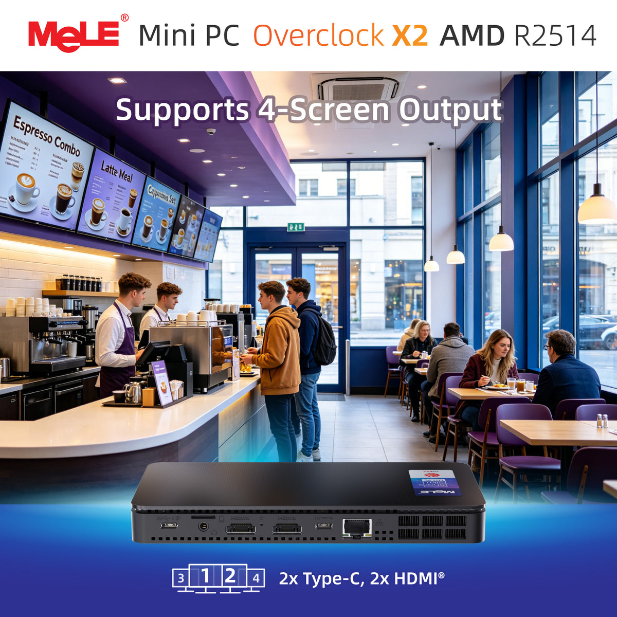 MeLE Overclock X2 Mini PC – AMD Ryzen R2514, Red Dot Award Design, 15W TDP, Quad 4K Display, Dual USB-C