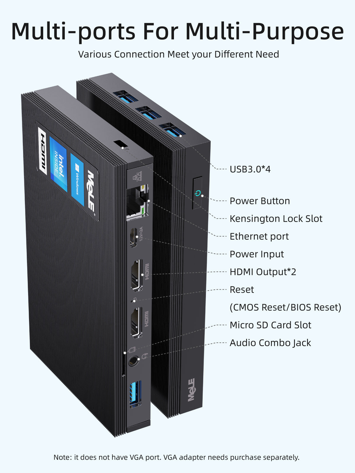 MeLE Quieter 2Q Fanless Mini PC, Intel Celeron J4125, 4GB/8GB LPDDR4 RAM, Wi-Fi 5, 4× USB 3.2, M.2 SSD Expansion, SD Card Slot, VESA Mount, for Office, Digital Signage & Home Entertainment