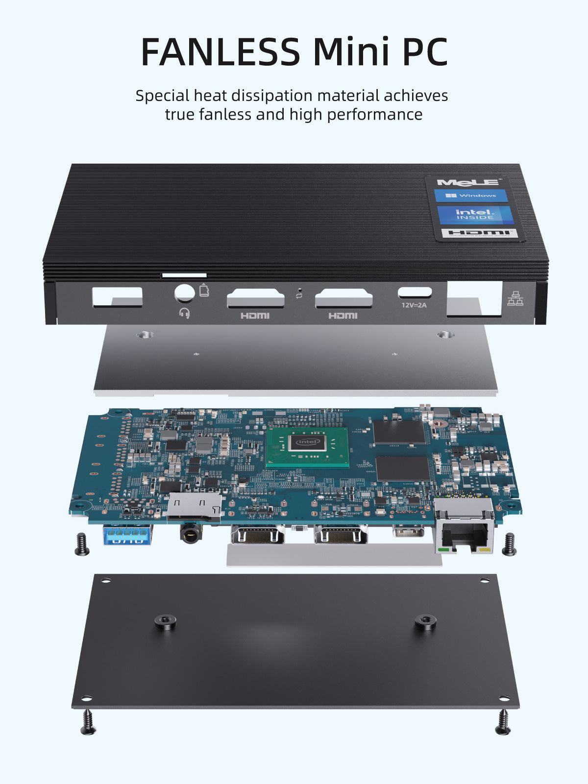 MeLE Quieter 2Q Fanless Mini PC, Intel Celeron J4125, 4GB/8GB LPDDR4 RAM, Wi-Fi 5, 4× USB 3.2, M.2 SSD Expansion, SD Card Slot, VESA Mount, for Office, Digital Signage & Home Entertainment