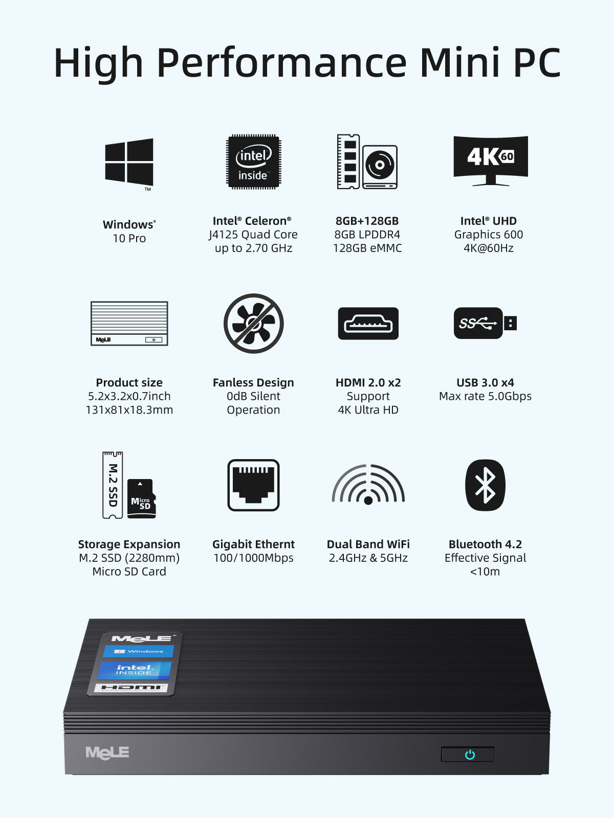 MeLE Quieter 2Q Fanless Mini PC, Intel Celeron J4125, 4GB/8GB LPDDR4 RAM, Wi-Fi 5, 4× USB 3.2, M.2 SSD Expansion, SD Card Slot, VESA Mount, for Office, Digital Signage & Home Entertainment