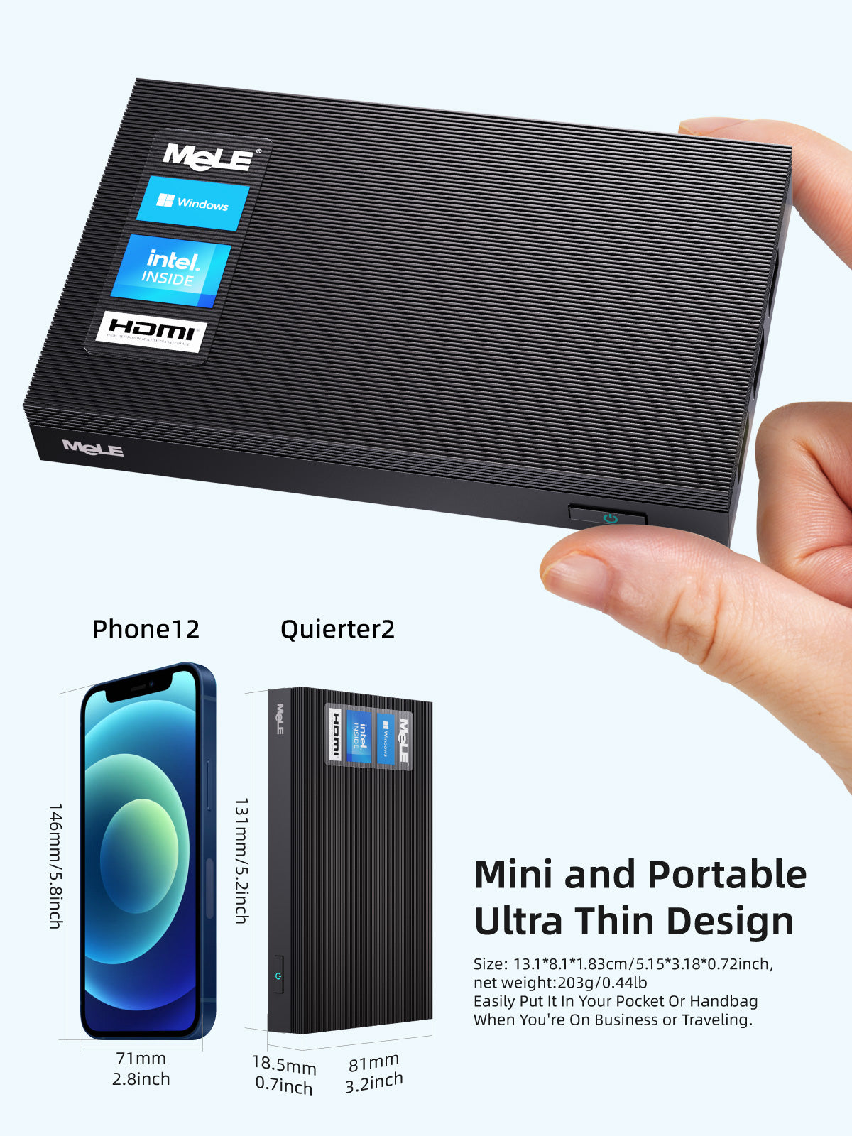 MeLE Quieter 2Q Fanless Mini PC, Intel Celeron J4125, 4GB/8GB LPDDR4 RAM, Wi-Fi 5, 4× USB 3.2, M.2 SSD Expansion, SD Card Slot, VESA Mount, for Office, Digital Signage & Home Entertainment