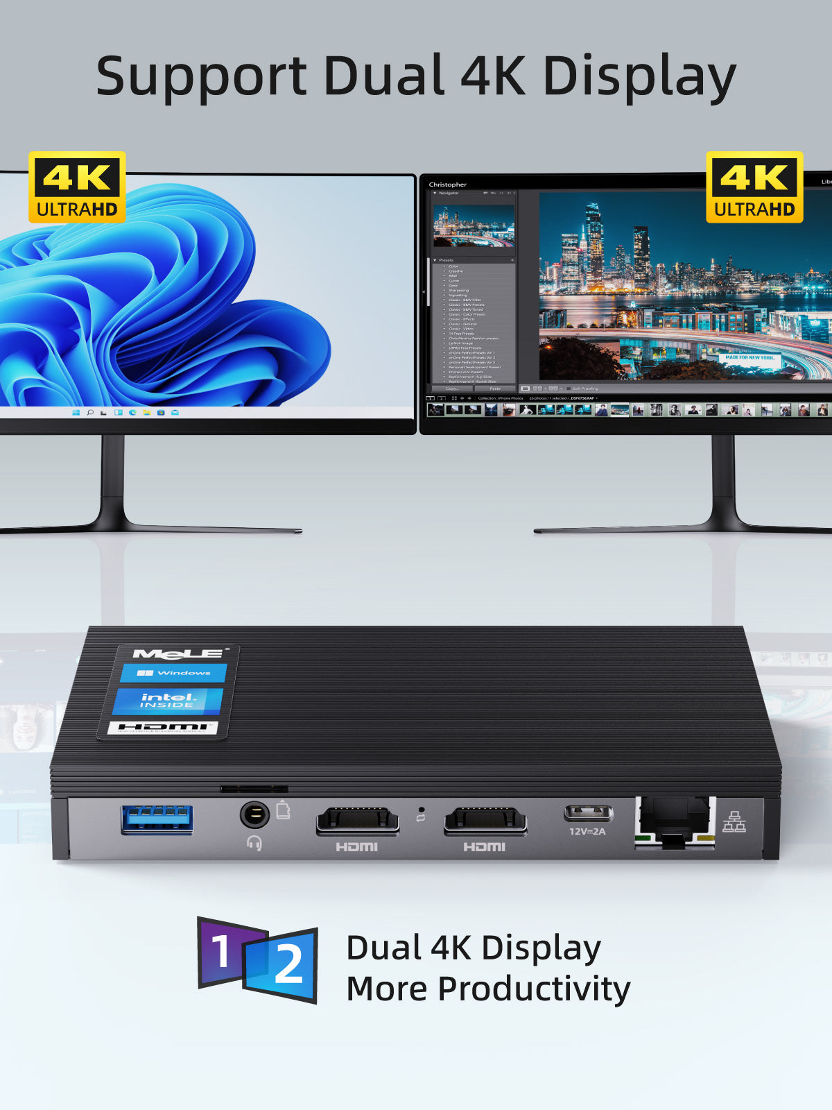 MeLE Quieter 2Q Fanless Mini PC, Intel Celeron J4125, 4GB/8GB LPDDR4 RAM, Wi-Fi 5, 4× USB 3.2, M.2 SSD Expansion, SD Card Slot, VESA Mount, for Office, Digital Signage & Home Entertainment