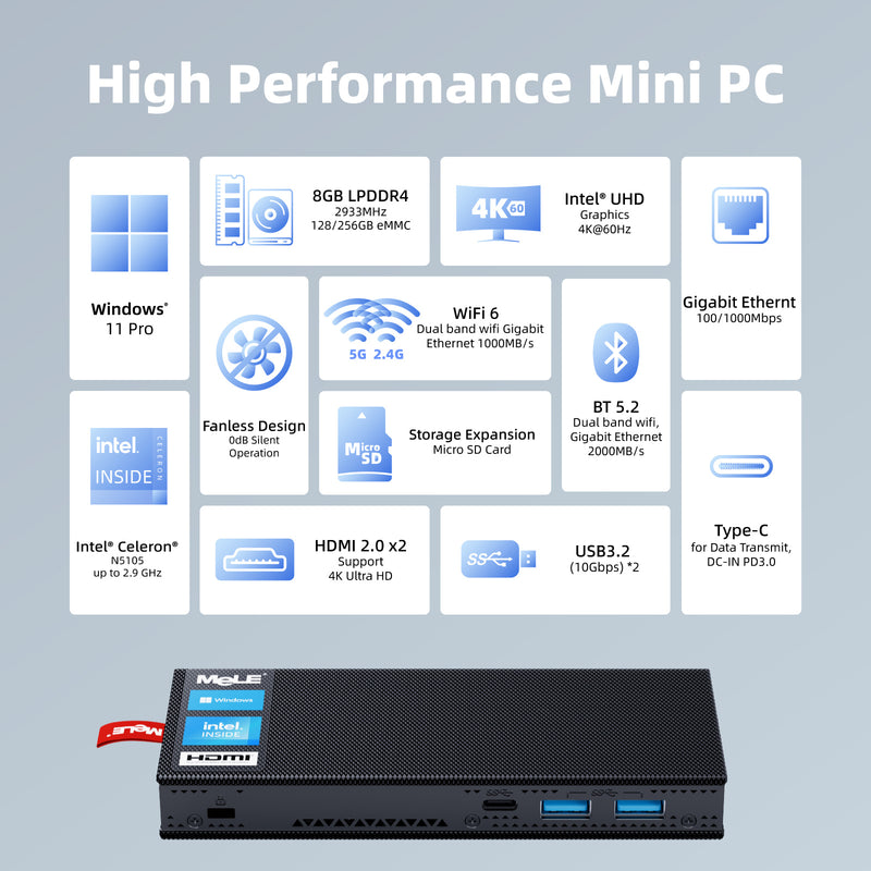 MeLE  PCG02 Pro - Fanless Mini PC Stick N5105/N100, Small Computer Portable, LPDDR4, Win 11 Pro, HDMI *2, 4K, Wi-Fi 6, Gigabit Ethernet, BT 5.2, USB 3.2* 2, Type-C, Support VESA Mount