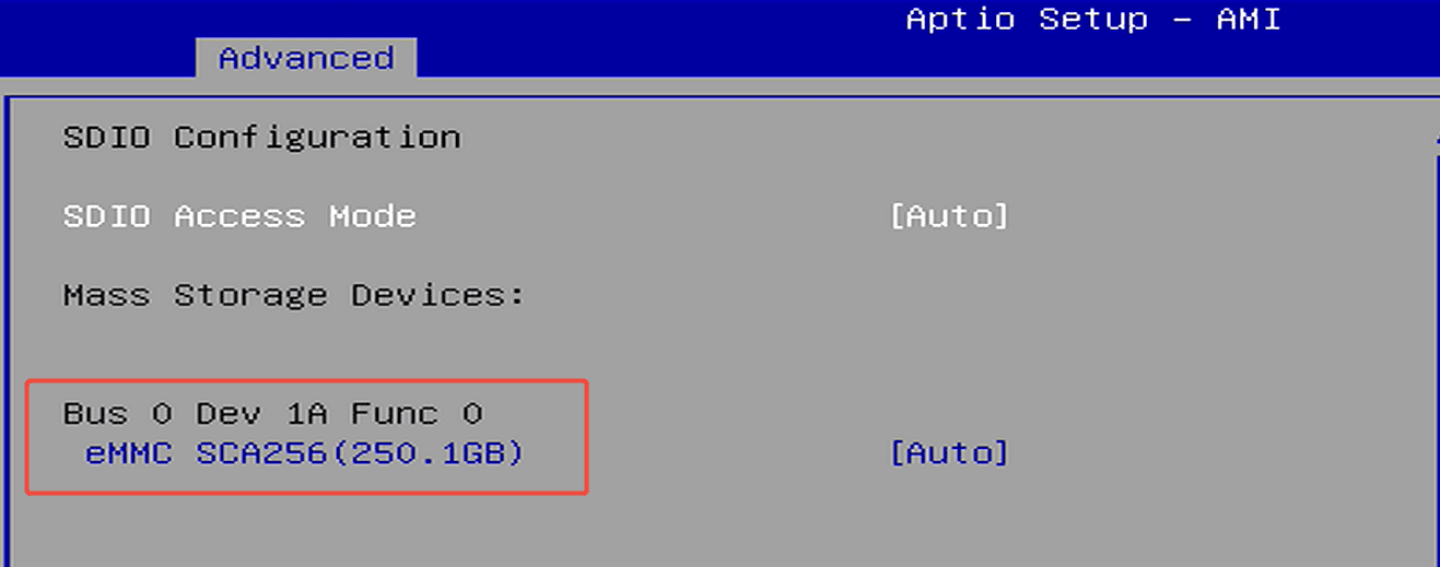 How to check if the eMMC is detected in the BIOS?