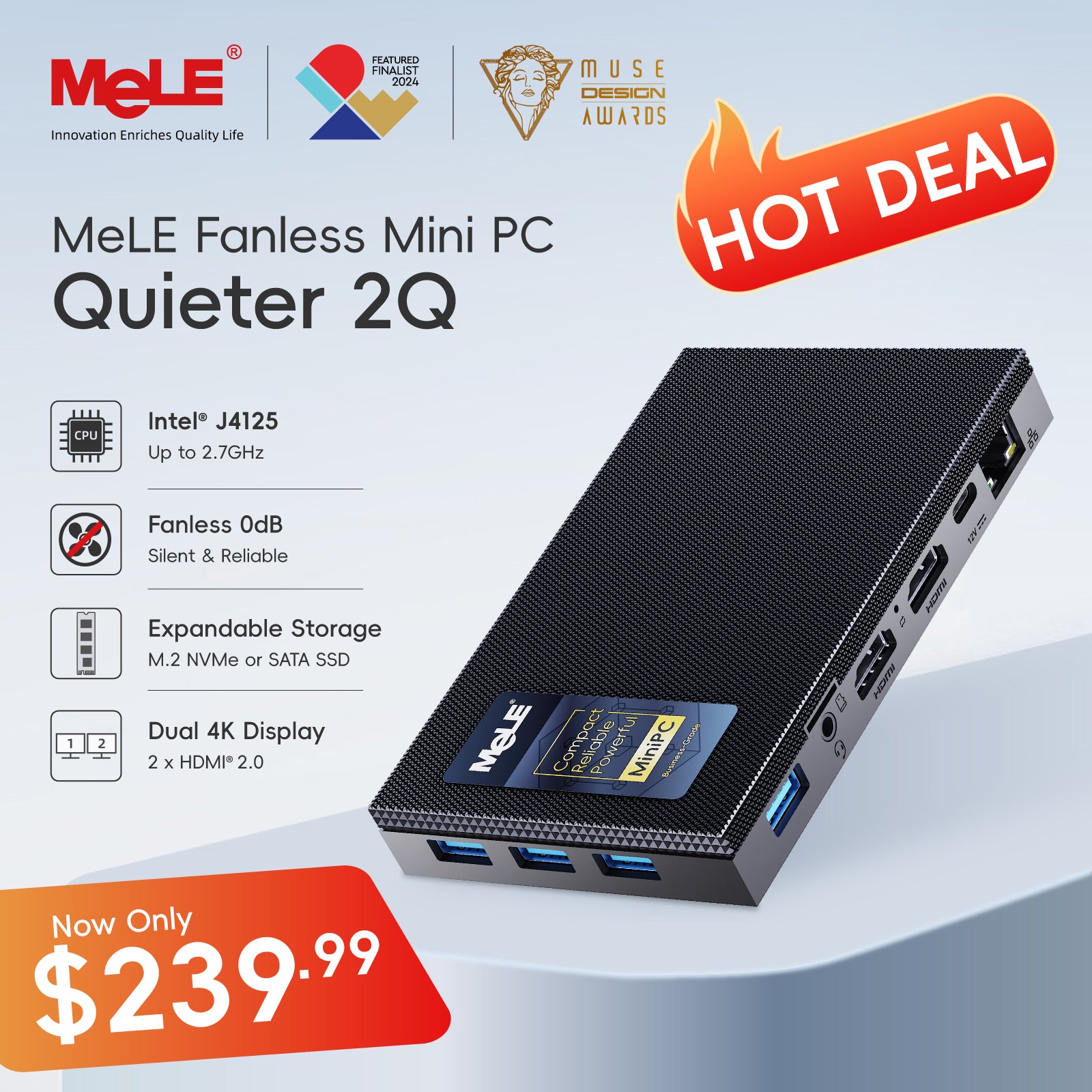 MeLE Quieter2Q ファンレス ミニPC 本体 MeLE Quieter 2Q Fanless Mini PC, Intel Celeron J4125, 8GB LPDDR4 RAM,
