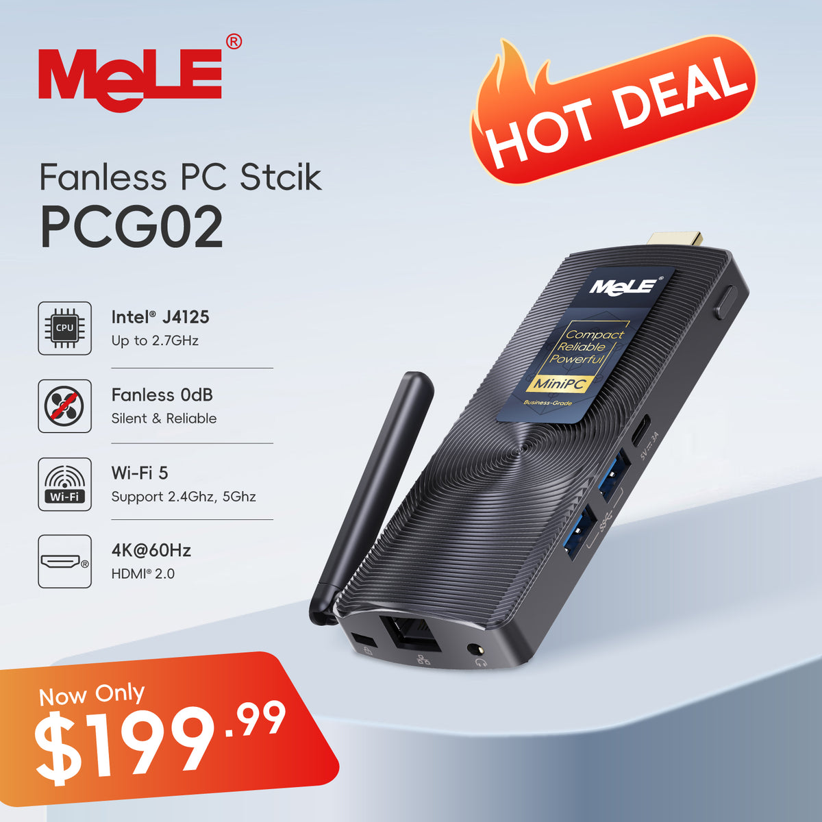 MeLE PCG02 GLE Fanless PC Stick Intel Gemini Lake J4125 Small Computer Portable Micro PC, LPDDR4, Windows11, HDMI® 4K 60Hz, 2.4G/5G Wi-Fi, Gigabit Ethernet, BT 4.2, USB 3.0*2, Wake on LAN, PXE