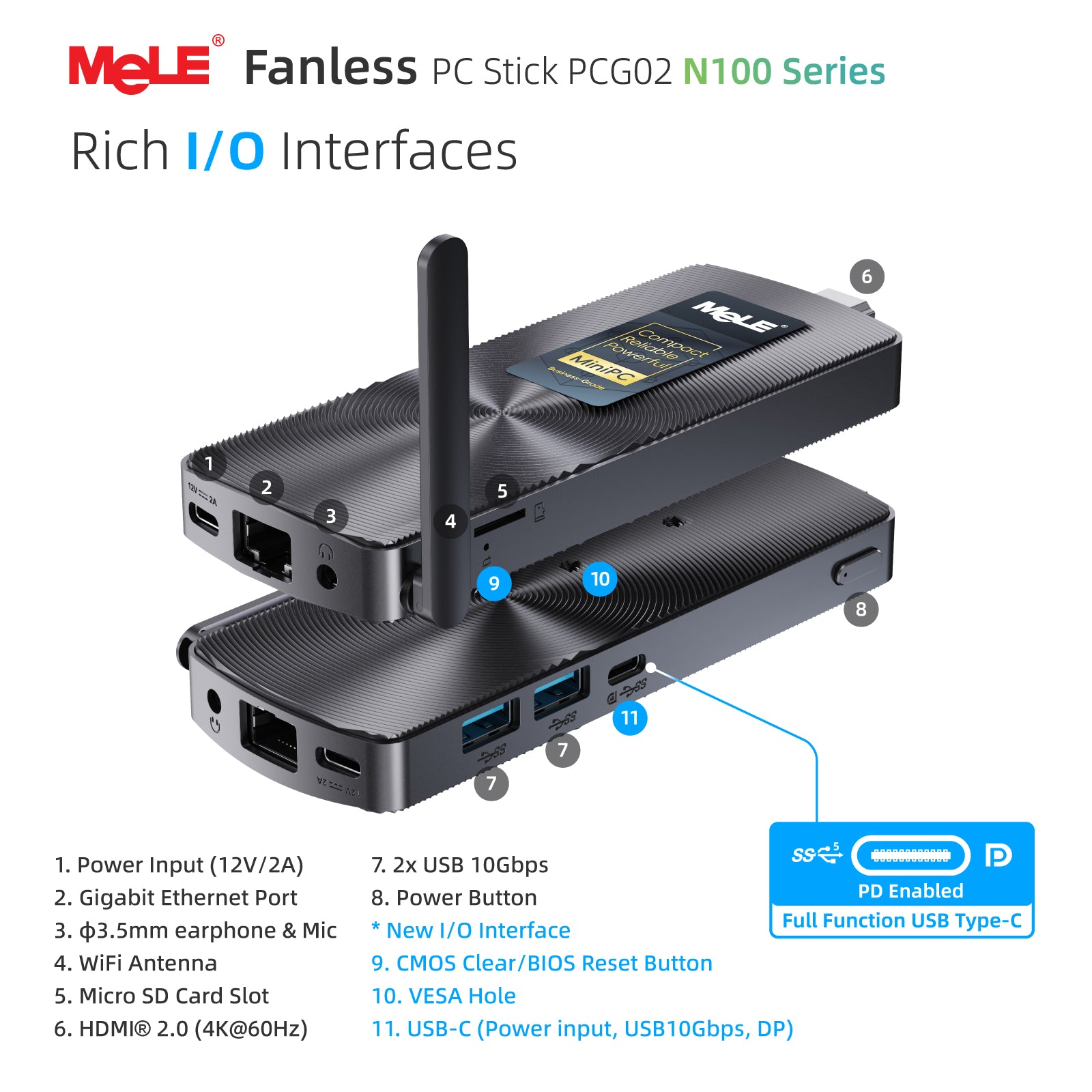 MeLE PCG02 Business Grade Fanless Mini PC Stick, 8GB RAM 128GB Storage – Dual 4K Display, Full-Function USB-C,  PD 3.0, 0dB Silent & Remote Management for 7×24 Commercial Use