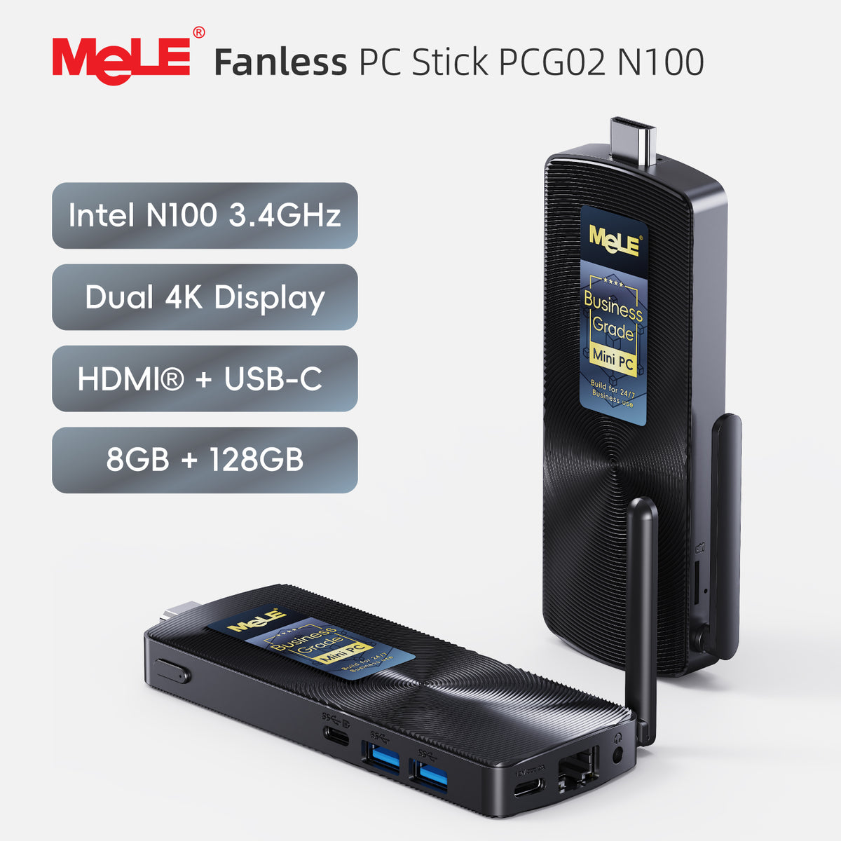MeLE PCG02 Business Grade Fanless Mini PC Stick, 8GB RAM 128GB Storage – Dual 4K Display, Full-Function USB-C,  PD 3.0, 0dB Silent & Remote Management for 7×24 Commercial Use