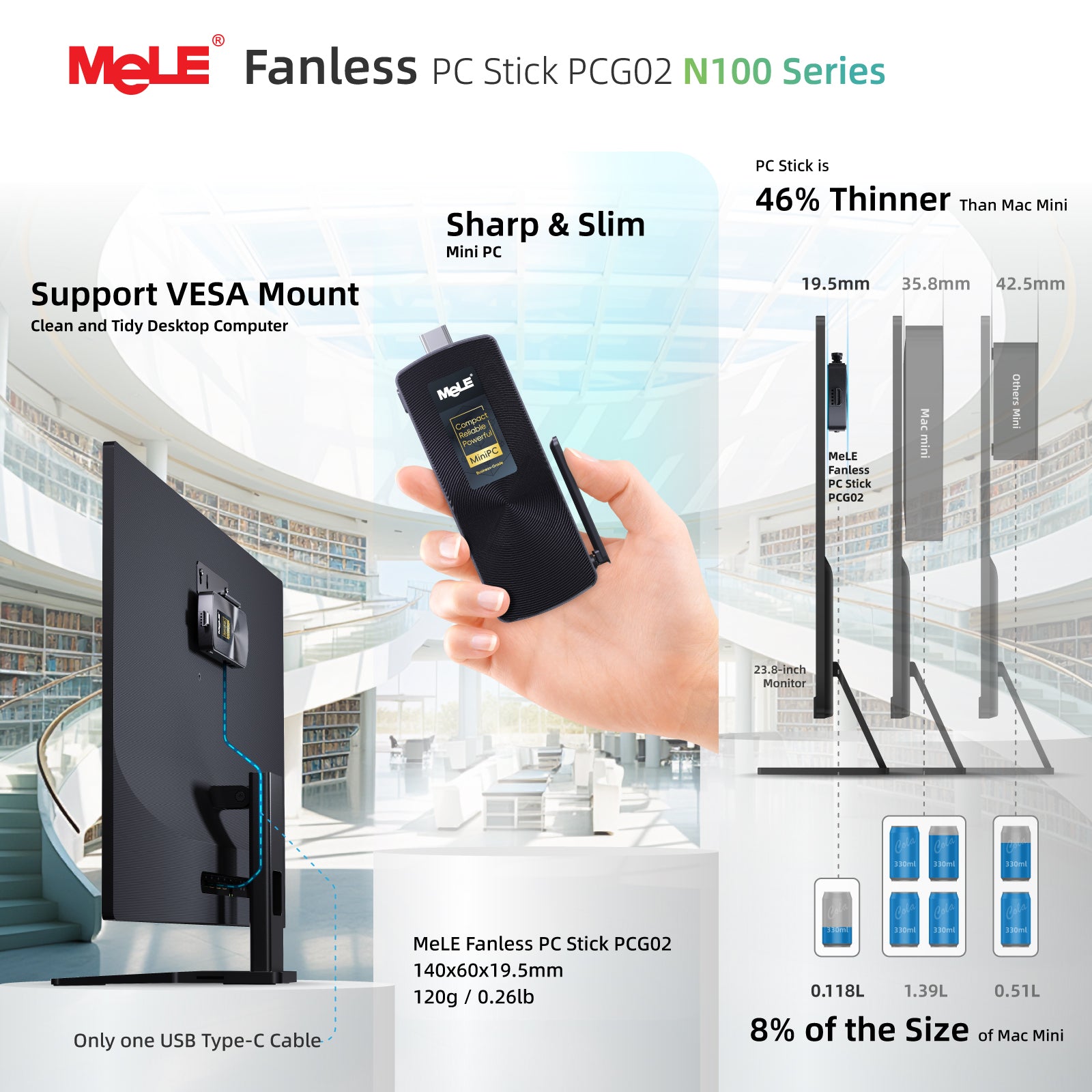 MeLE PCG02 Business Grade Fanless Mini PC Stick, 8GB RAM 128GB Storage – Dual 4K Display, Full-Function USB-C,  PD 3.0, 0dB Silent & Remote Management for 7×24 Commercial Use
