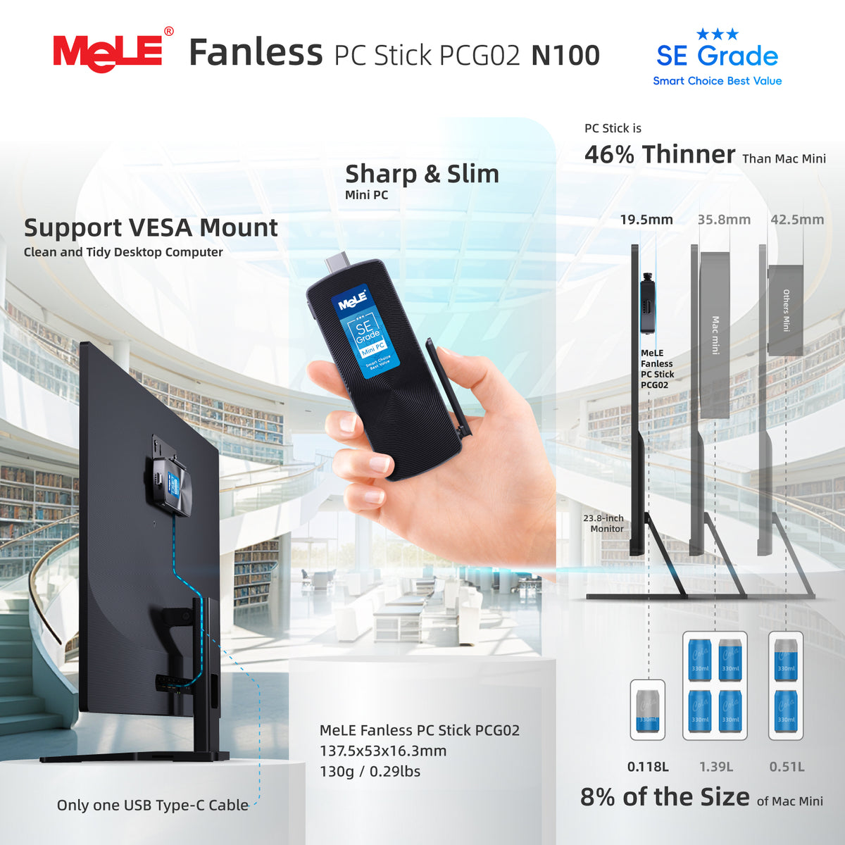 MeLE PCG02 SE Grade Fanless Mini PC Stick, 8GB RAM 128GB Storage – Dual 4K Display, 0dB Silent, Direct-Plug HDMI Design for Home, Entertainment & Everyday Use