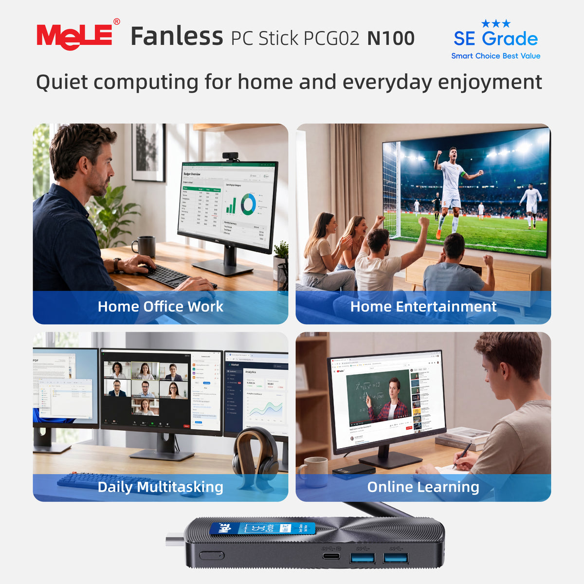MeLE PCG02 SE Grade Fanless Mini PC Stick, 8GB RAM 128GB Storage – Dual 4K Display, 0dB Silent, Direct-Plug HDMI Design for Home, Entertainment & Everyday Use