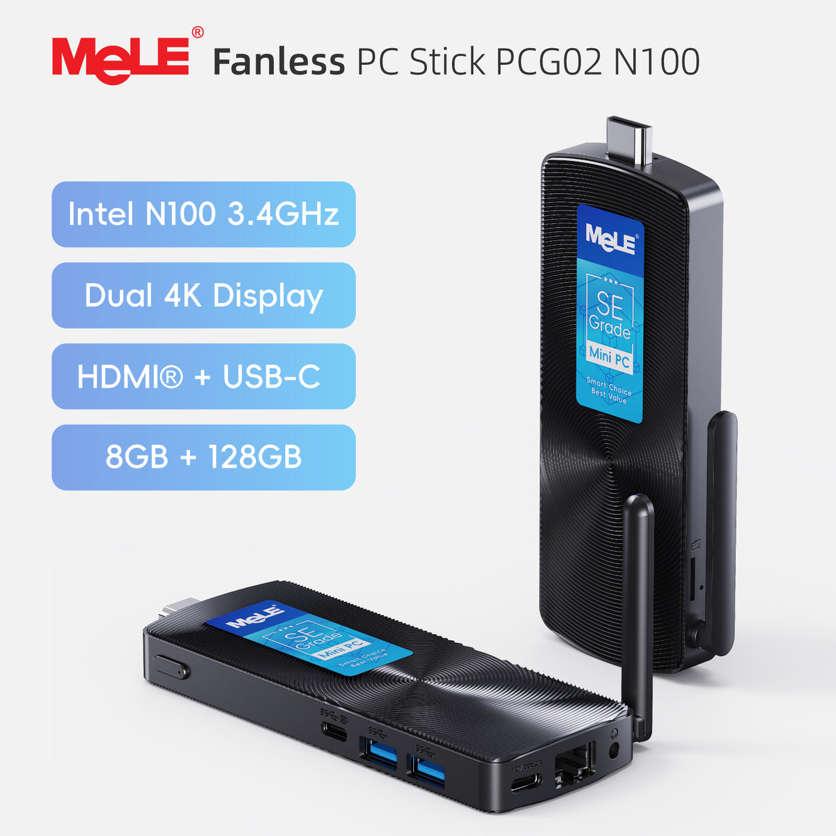 MeLE PCG02 SE Grade Fanless Mini PC Stick, 8GB RAM 128GB Storage – Dual 4K Display, 0dB Silent, Direct-Plug HDMI Design for Home, Entertainment & Everyday Use