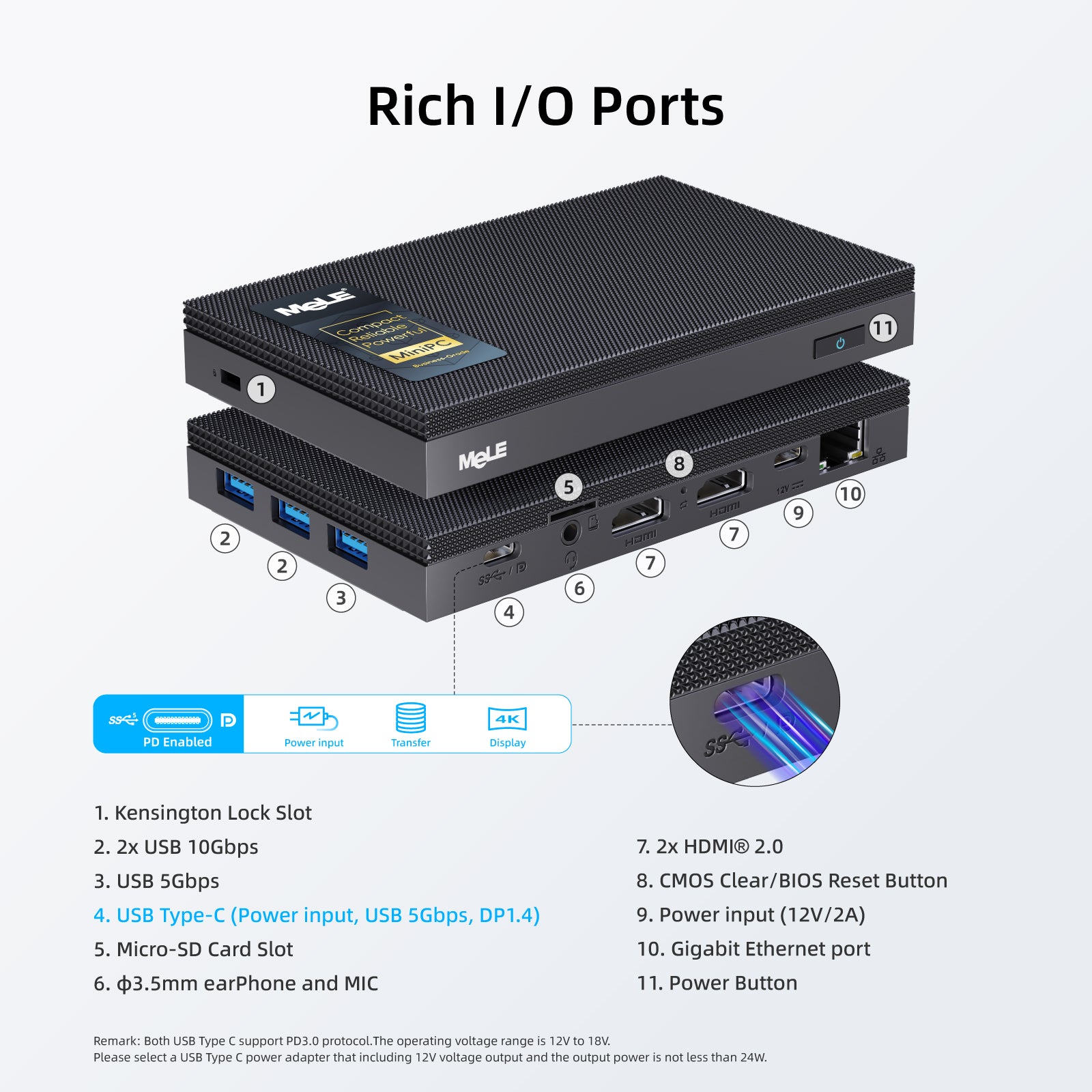 MeLE Quieter 3C Fanless Mini PC, Intel Celeron N5100, 8GB RAM, 128GB Storage, Full-Function USB-C, WiFi 5, Support Triple Screen Display, Slim Desktop PC on Industrial, Home, Office