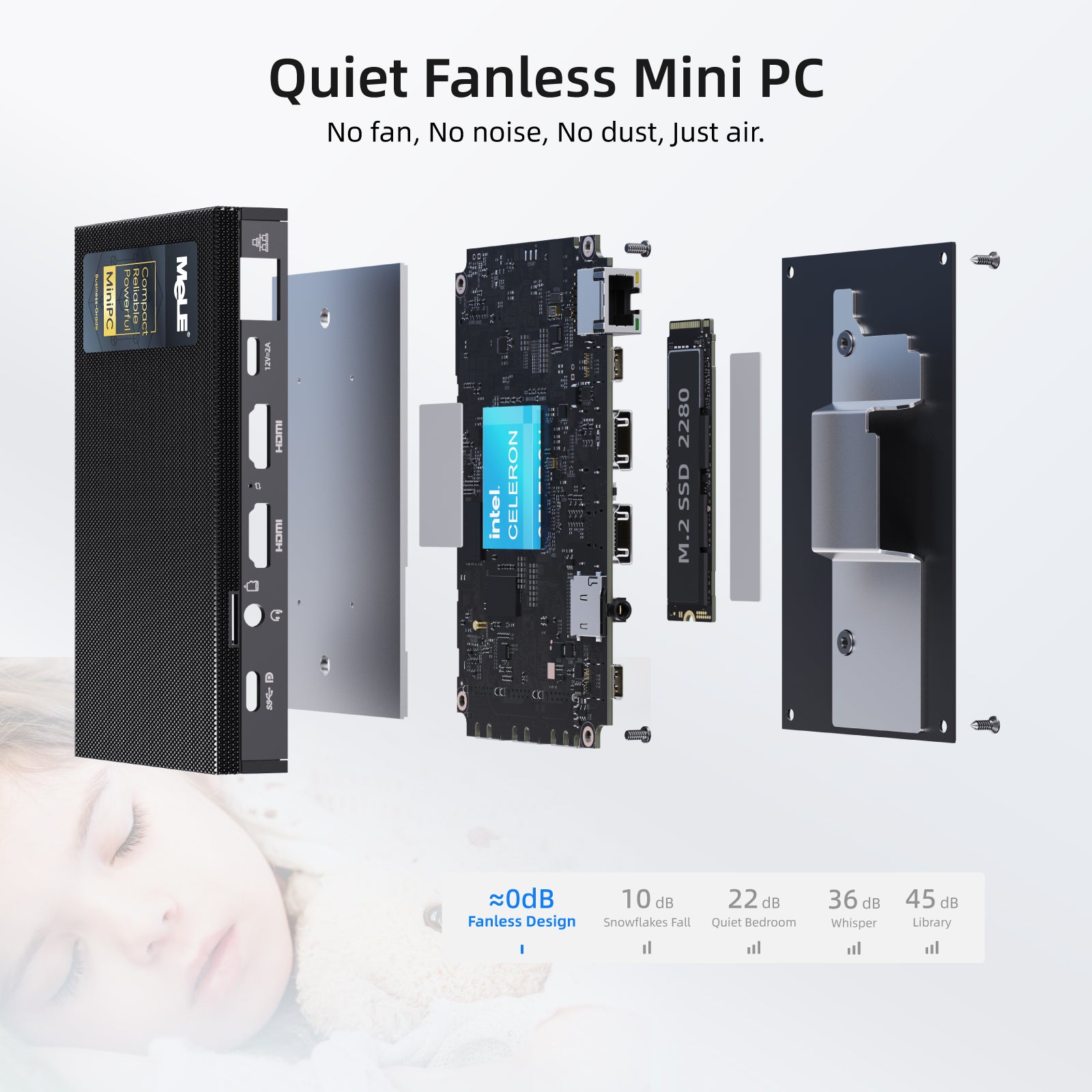 MeLE Quieter 3C Fanless Mini PC, Intel Celeron N5100, 8GB RAM, 128GB Storage, Full-Function USB-C, WiFi 5, Support Triple Screen Display, Slim Desktop PC on Industrial, Home, Office