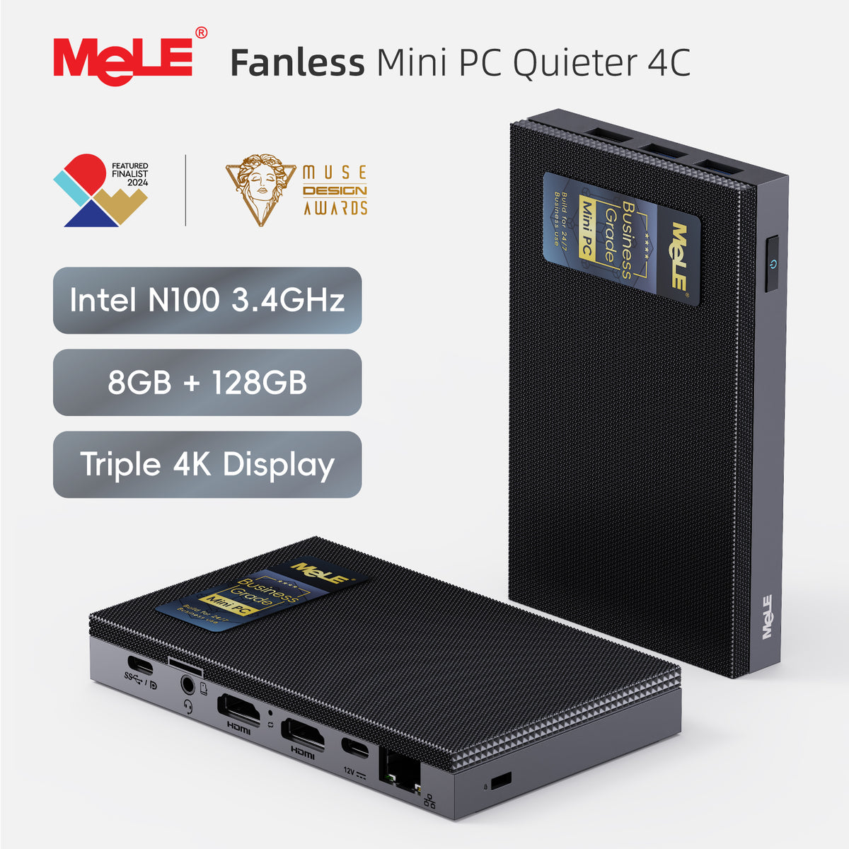 MeLE Quieter 4C Business-Grade Fanless Mini-PC N150 – 8GB RAM, 128GB eMMC, Triple 4K, 0dB lautlos, 7×24 Betrieb, Fernverwaltung