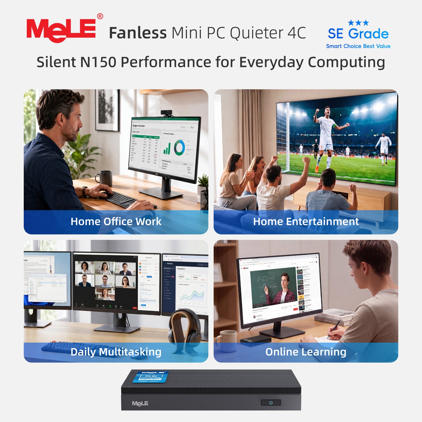 MeLE Fanless Mini PC Quieter 4C, N150/N100 8GB RAM 128GB Storage Mini Computers, Fanless PC with Full-Functional USB-C, 2.4G/5G WiFi, 4K Triple Display on Home, Office, Education, Industrial