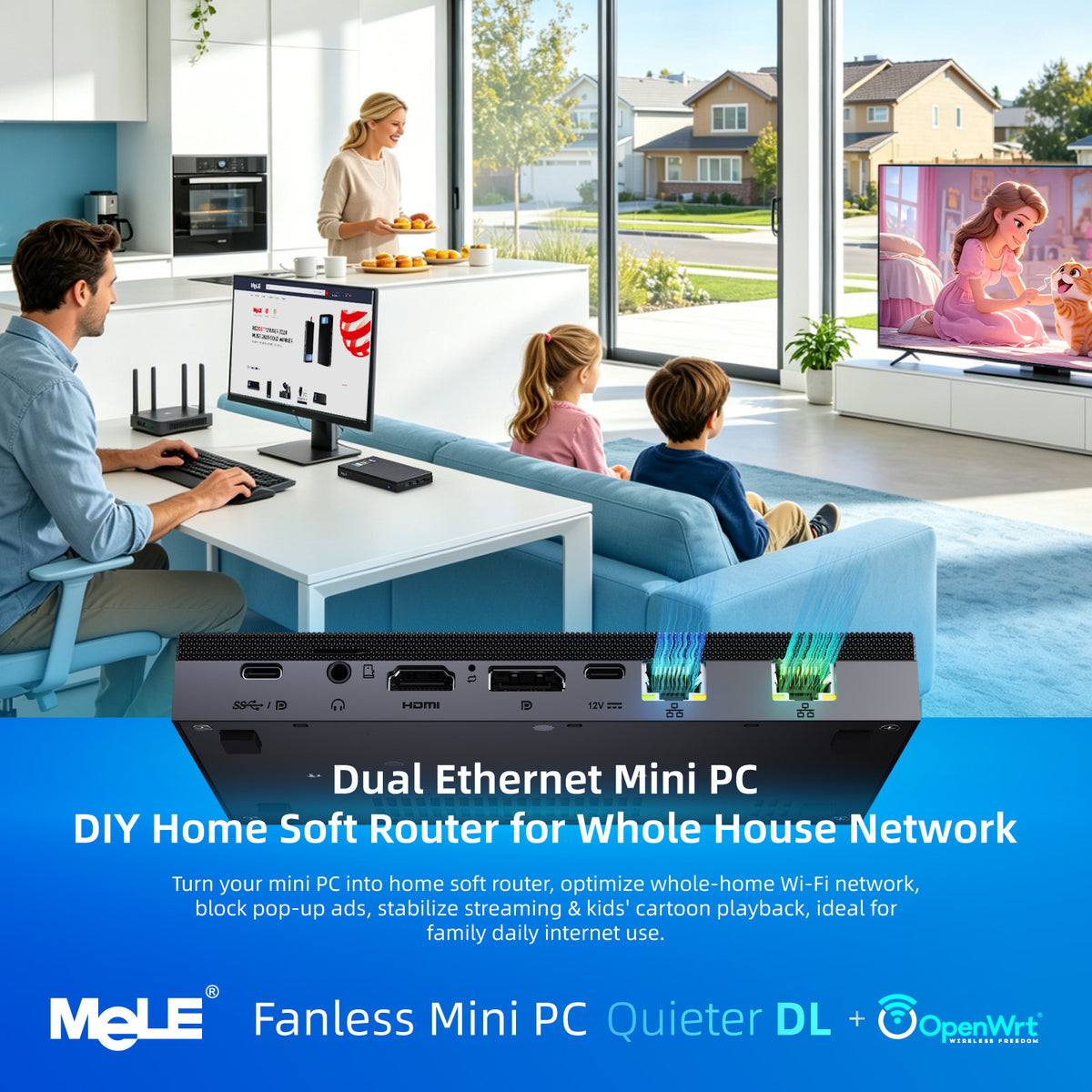 MeLE Quieter DL N150 Fanless Mini PC | Dual Intel® I226-V 2.5GbE LAN, Intel N150, Triple 4K Display, Firewall Router PC for Home Lab, NAS & IoT