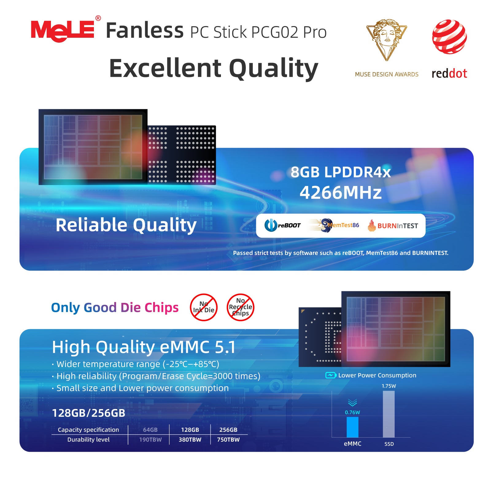 MeLE PCG02 Pro Fanless Stick PC N100/N5100 8GB RAM 256GB Storage, Reddot Winner Mini Computer Dual HDMI, 4266MHz LPDDR4, WiFi5 Gigabit Ethernet, USB Type-C PD3.0 on Business Office IoT, Media, Home