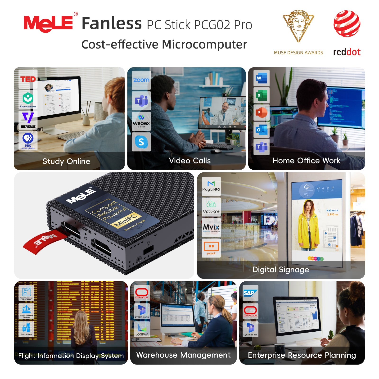MeLE PCG02 Pro Fanless Stick PC N100/N5100 8GB RAM 256GB Storage, Reddot Winner Mini Computer Dual HDMI, 4266MHz LPDDR4, WiFi5 Gigabit Ethernet, USB Type-C PD3.0 on Business Office IoT, Media, Home
