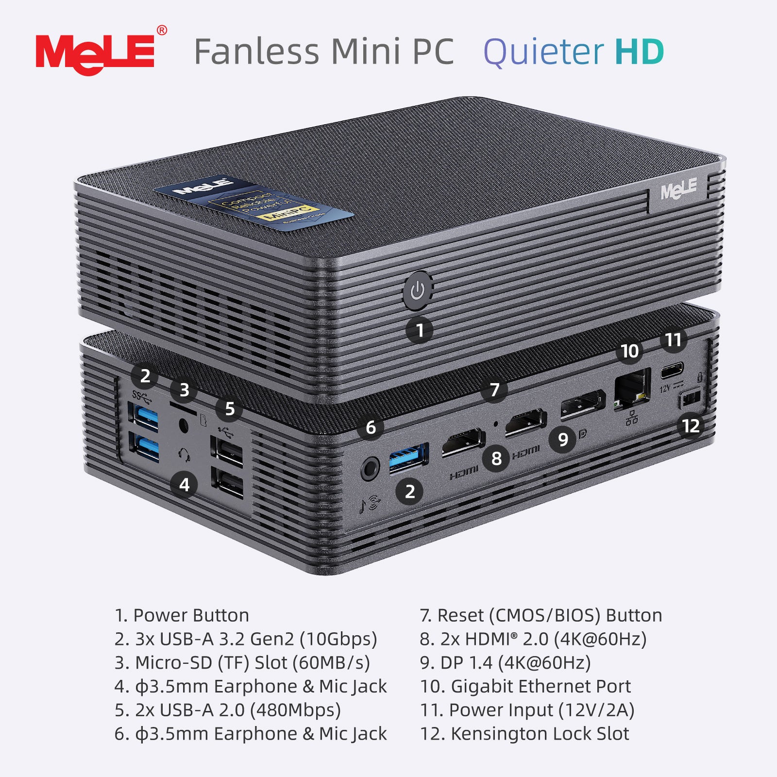 MeLE Quieter HD Industrial Fanless PC | Intel N150 Mini Computer, Triple 4K Display, Dust-Resistant Design, 24/7 Operation for Digital Signage & Automation