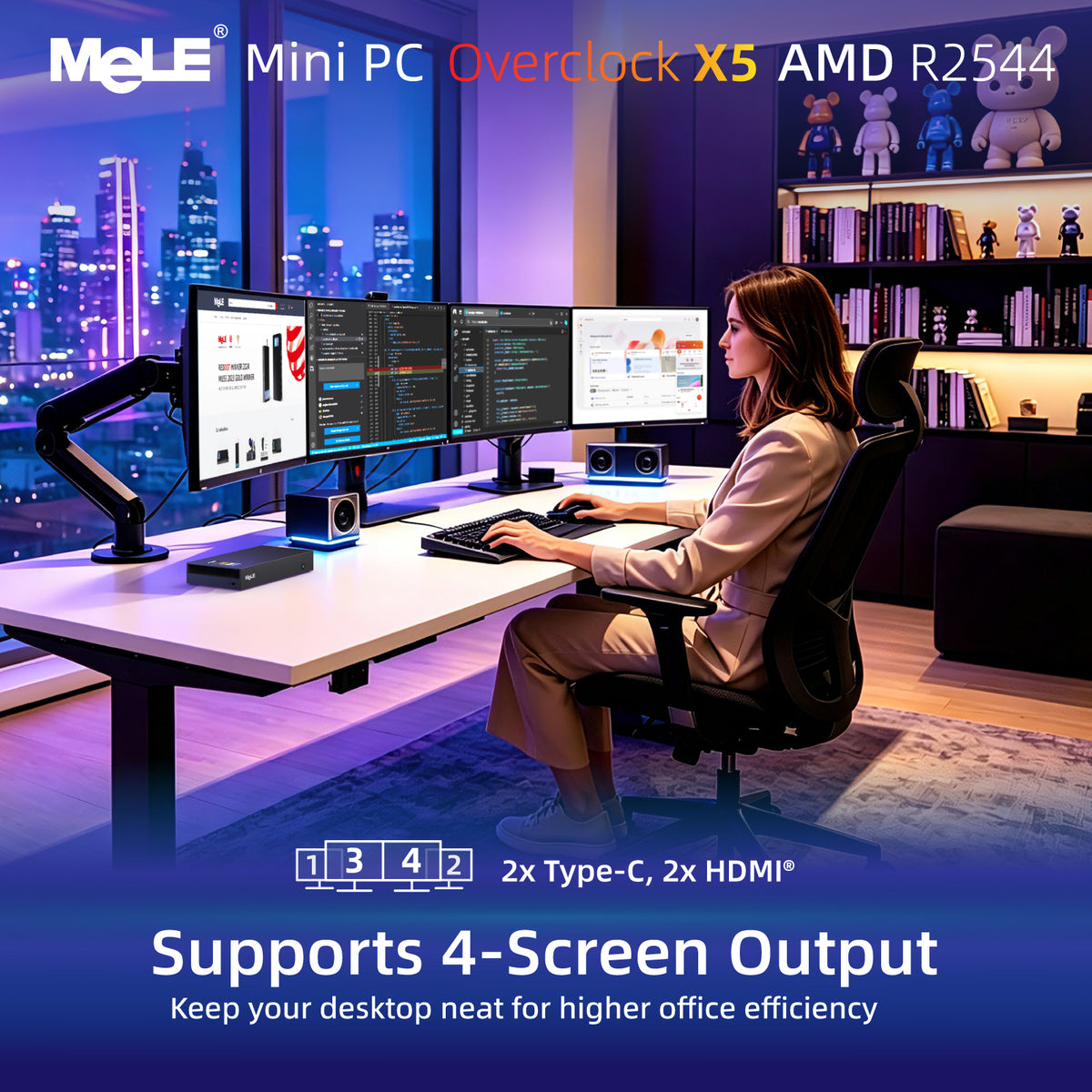 MeLE Overclock X5 Mini PC – AMD Ryzen R2544, Quad 4K Display, 2.5G LAN, Built-in Speakers & Microphones