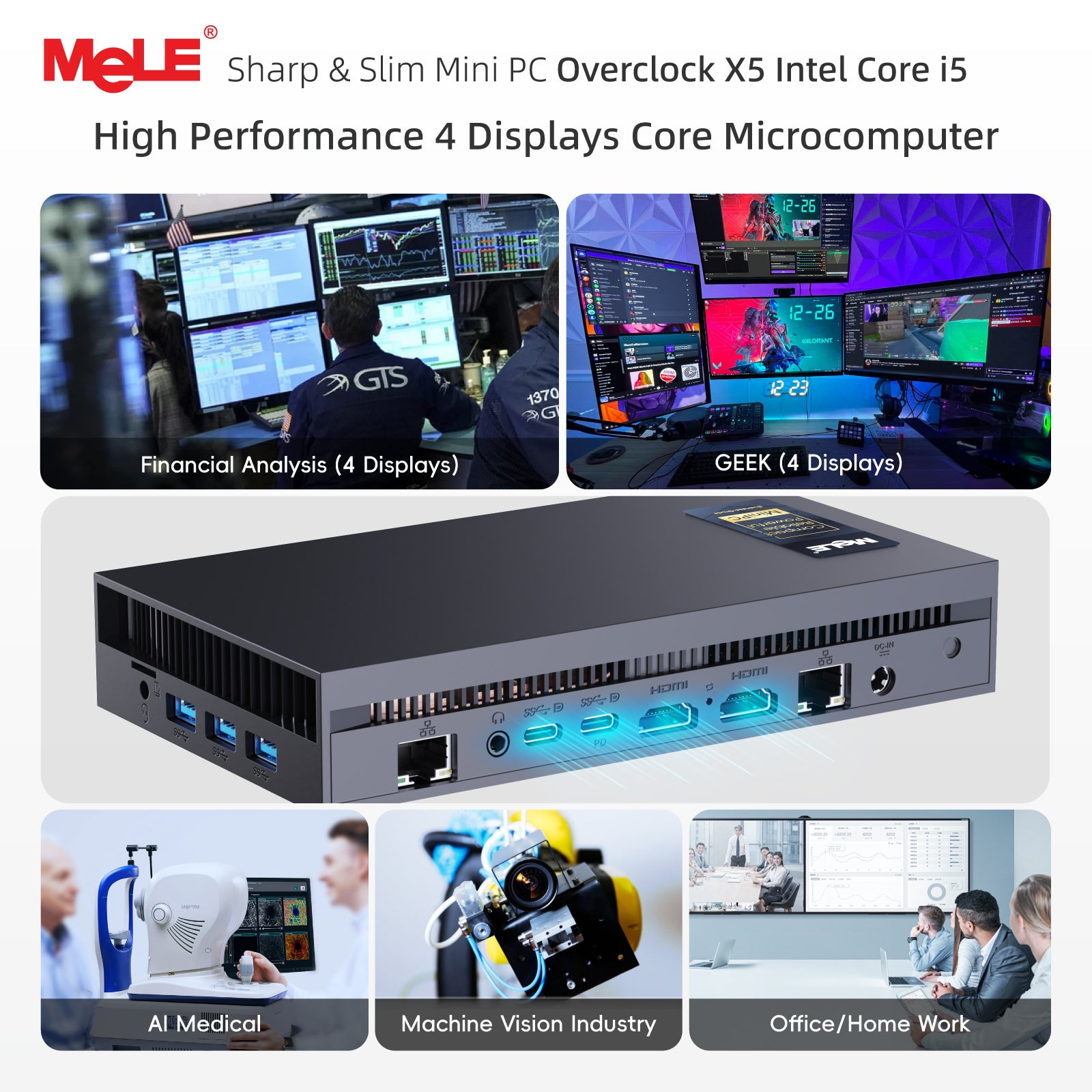 MeLE Overclock X5 Ultra Slim Mini PC Core-i5 1235U (Up to 4.4GHz),16GB RAM 512GB SSD, 3940MB/s, 2×M.2 Slot, Quadruple Display HDMI×2/USB-C*2/4K Desktop Computer Office Industrial and Entertainment