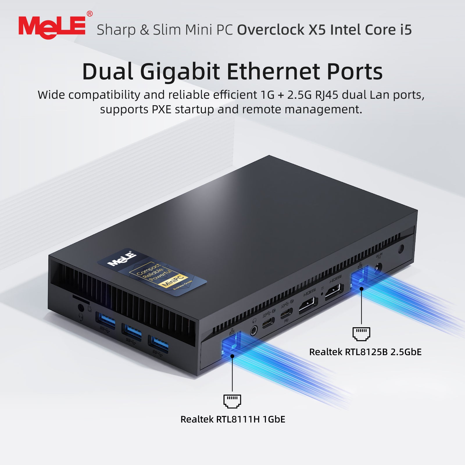 MeLE Overclock X5 Ultra Slim Mini PC Core-i5 1235U (Up to 4.4GHz),16GB RAM 512GB SSD, 3940MB/s, 2×M.2 Slot, Quadruple Display HDMI×2/USB-C*2/4K Desktop Computer Office Industrial and Entertainment