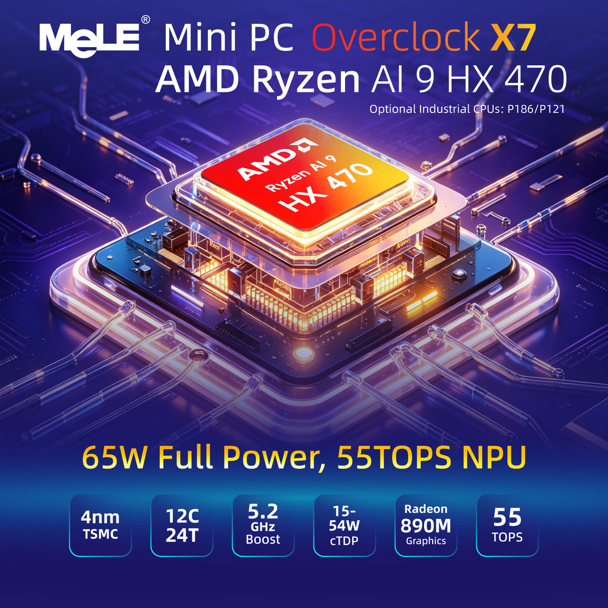 MeLE Overclock X7 AI Mini PC – Ryzen™ AI 9 HX 470, 16GB DDR5, 512GB SSD, OCuLink eGPU Support