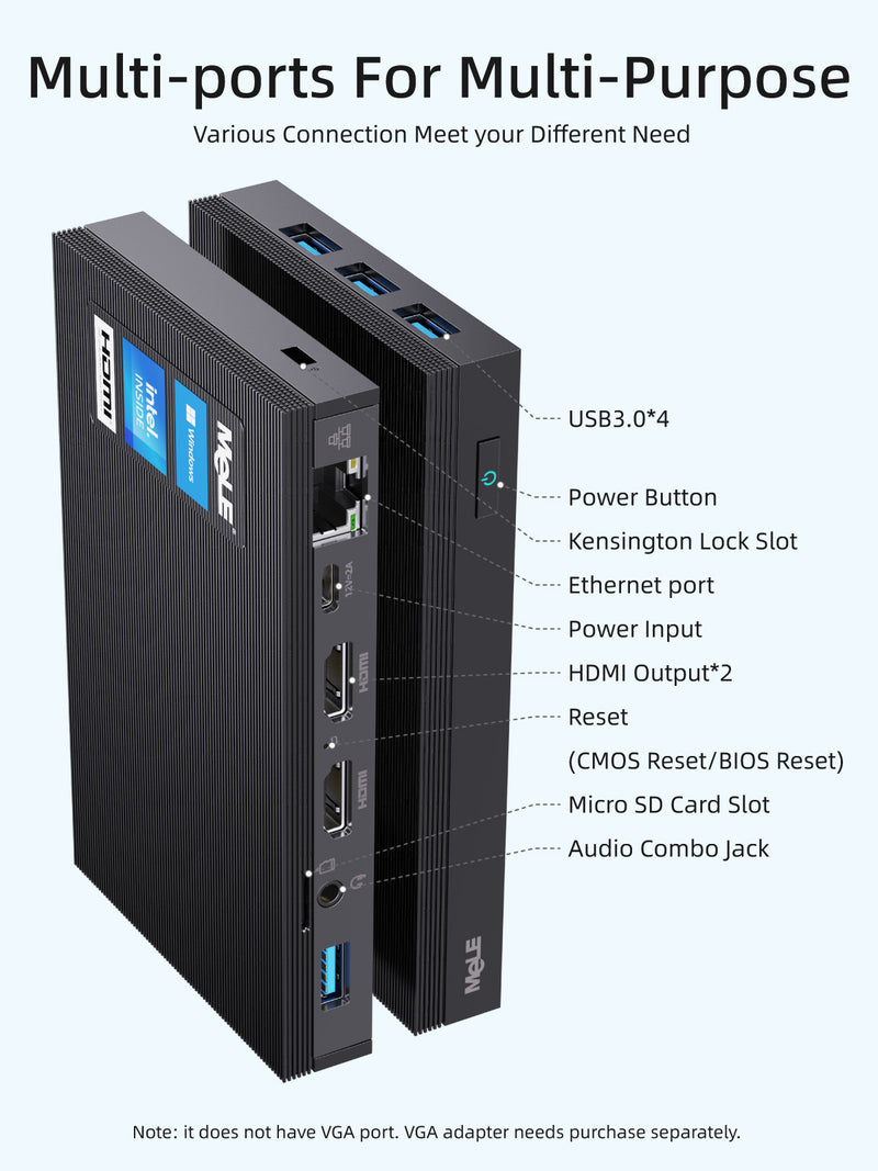 MeLE Quieter 2Q Fanless Mini PC Intel Gemini Lake J4125 Win 11 Pro Dual 4K HDMI Small Computer Portable Micro PC, LPDDR4, Windows11, Dual HDMI 4K, 2.4G/5G Wi-Fi, Gigabit Ethernet, BT 4.2, USB 3.0 * 4,  SSD, VESA Mount