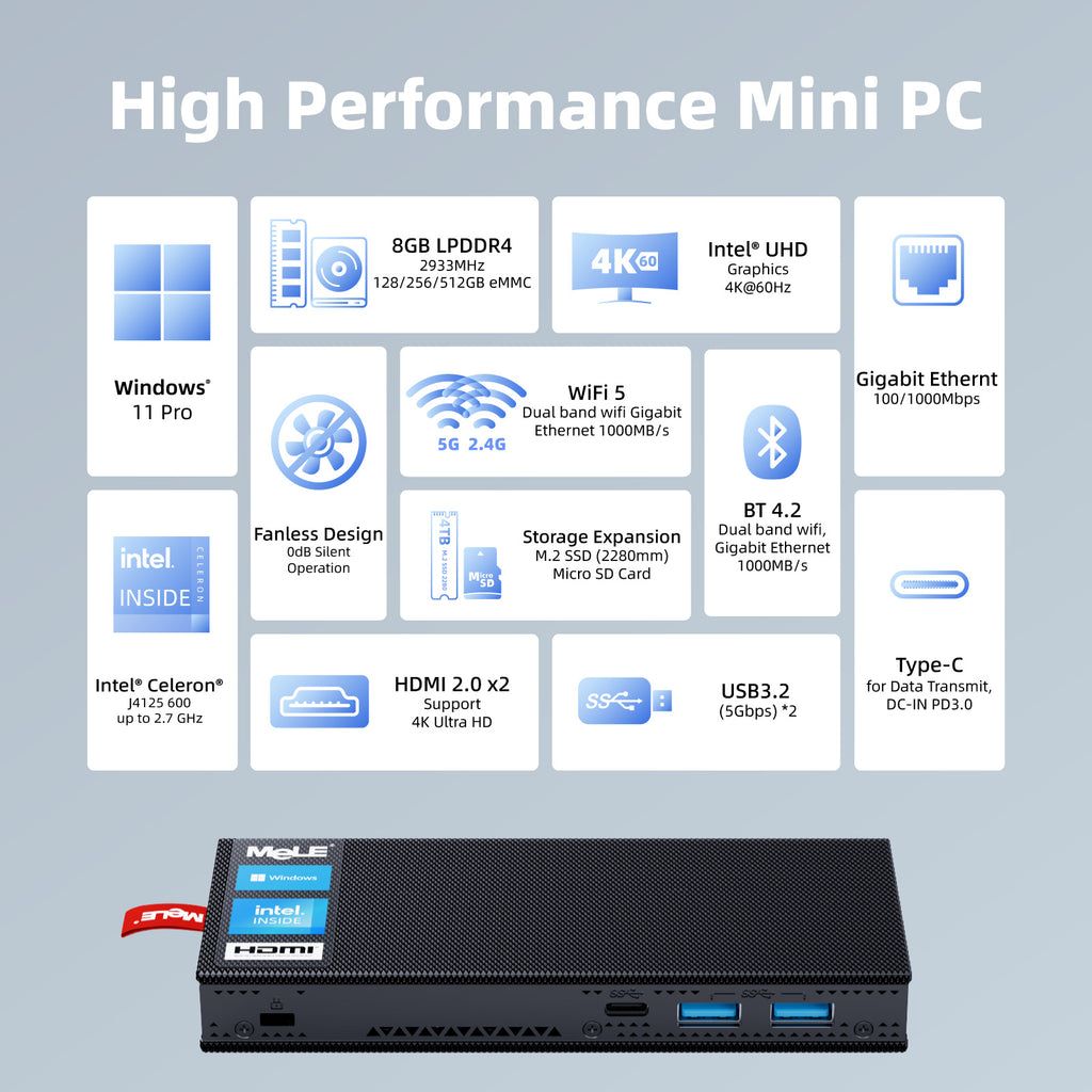 MeLE Fanless Mini PC Stick PCG02 Pro N5105 8GB/128GB Windows 11 Pro WiFi 6  USB PD3.0 Micro Computer Stick Dual HDMI 4K Gigabit Ethernet BT5.2 Small PC