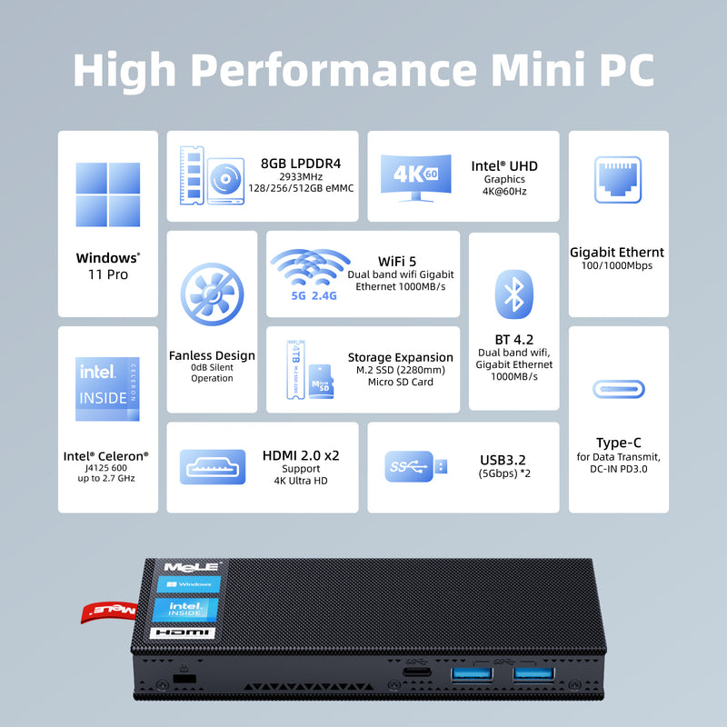 MeLE  PCG02 Pro - Fanless Mini PC Stick J4125, Small Computer Portable, LPDDR4, Win 11 Pro, HDMI *2, 4K, Wi-Fi 5, Gigabit Ethernet, BT 4.2, USB 3.2* 2, Type-C, Support VESA Mount