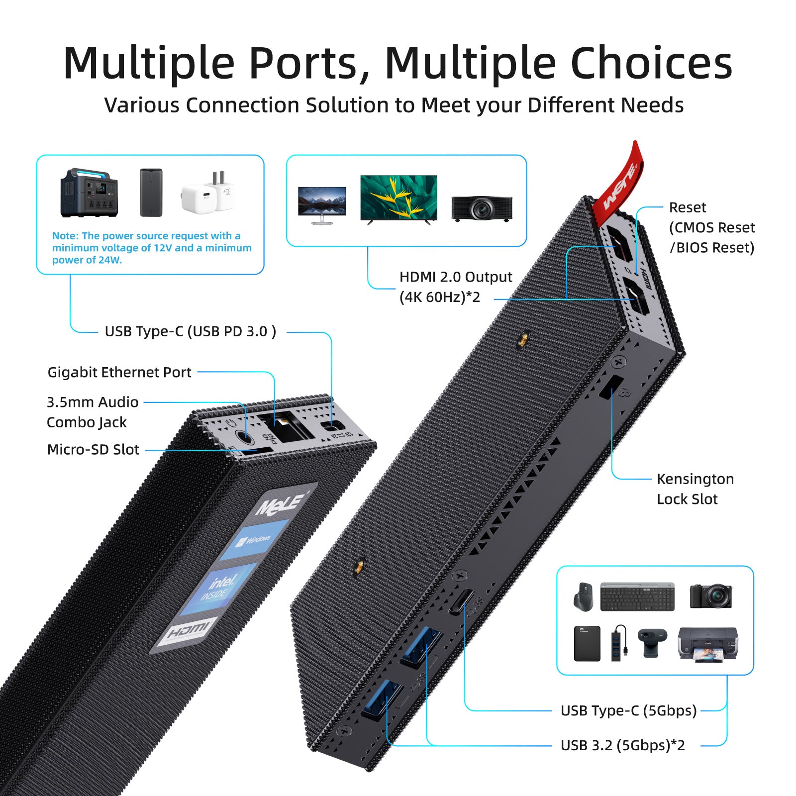 MeLE  PCG02 Pro - Fanless Mini PC Stick N5105/N100, Small Computer Portable, LPDDR4, Win 11 Pro, HDMI *2, 4K, Wi-Fi 5, Gigabit Ethernet, BT 5.1, USB 3.2* 2, Type-C, Support VESA Mount