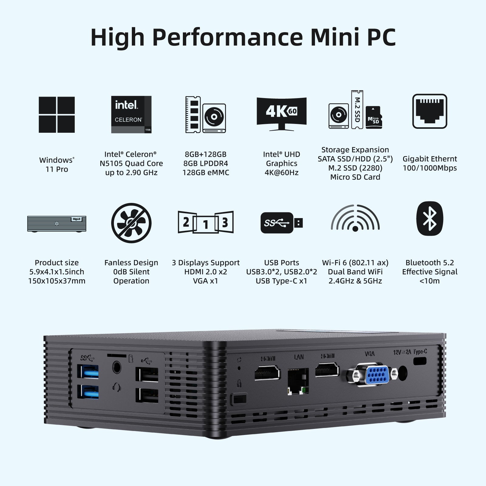 MeLE  Quieter HD3Q Fanless Mini PC N5105, LPDDR4, Windows11, 2 * HDMI 4K, Wi-Fi 5, Gigabit Ethernet, BT 5.1, USB * 4, Type-C, VGA, SD Card & SSD Support, VESA Mount