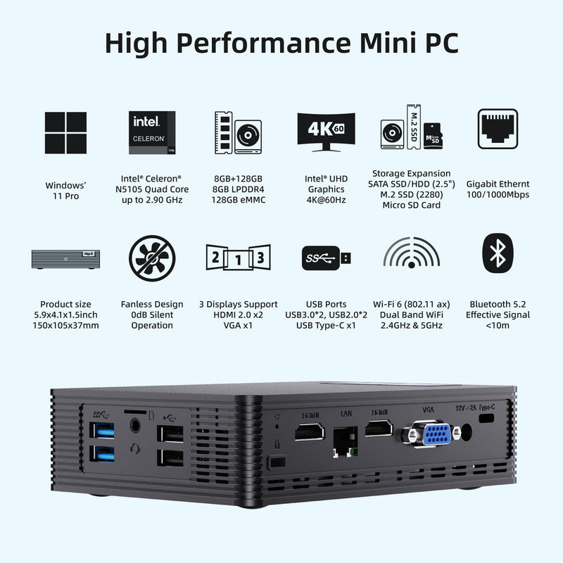 MeLE  Quieter HD3Q Fanless Mini PC N5105, LPDDR4, Windows11, 2 * HDMI 4K, Wi-Fi 6, Gigabit Ethernet, BT 5.2, USB * 4, Type-C, VGA, SD Card & SSD Support, VESA Mount