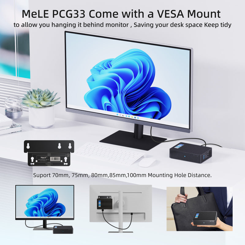MeLE  Quieter HD3Q Fanless Mini PC N5105, LPDDR4, Windows11, 2 * HDMI 4K, Wi-Fi 6, Gigabit Ethernet, BT 5.2, USB * 4, Type-C, VGA, SD Card & SSD Support, VESA Mount