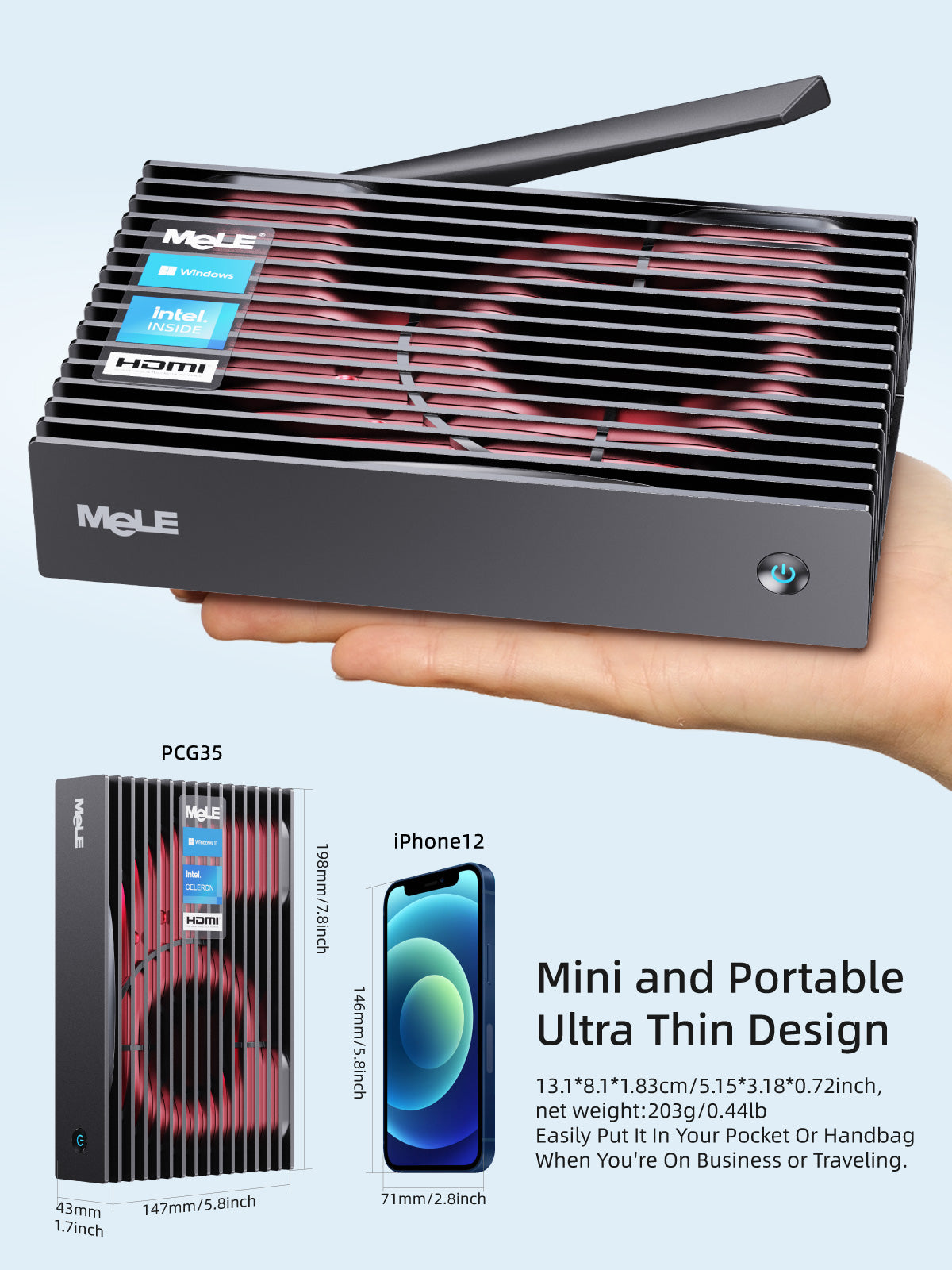 MeLE PCG35 Fanless Mini PC N5105 Windows 11 Pro Micro Computer 8GB LPDDR4 128GB/256GB ROM Small Desktop Computers for Office & Home Dual HDMI 4K@60Hz, BT5.2, Wi-Fi 6, USB 2.0/3.0, Ethernet Port, VESA Mount